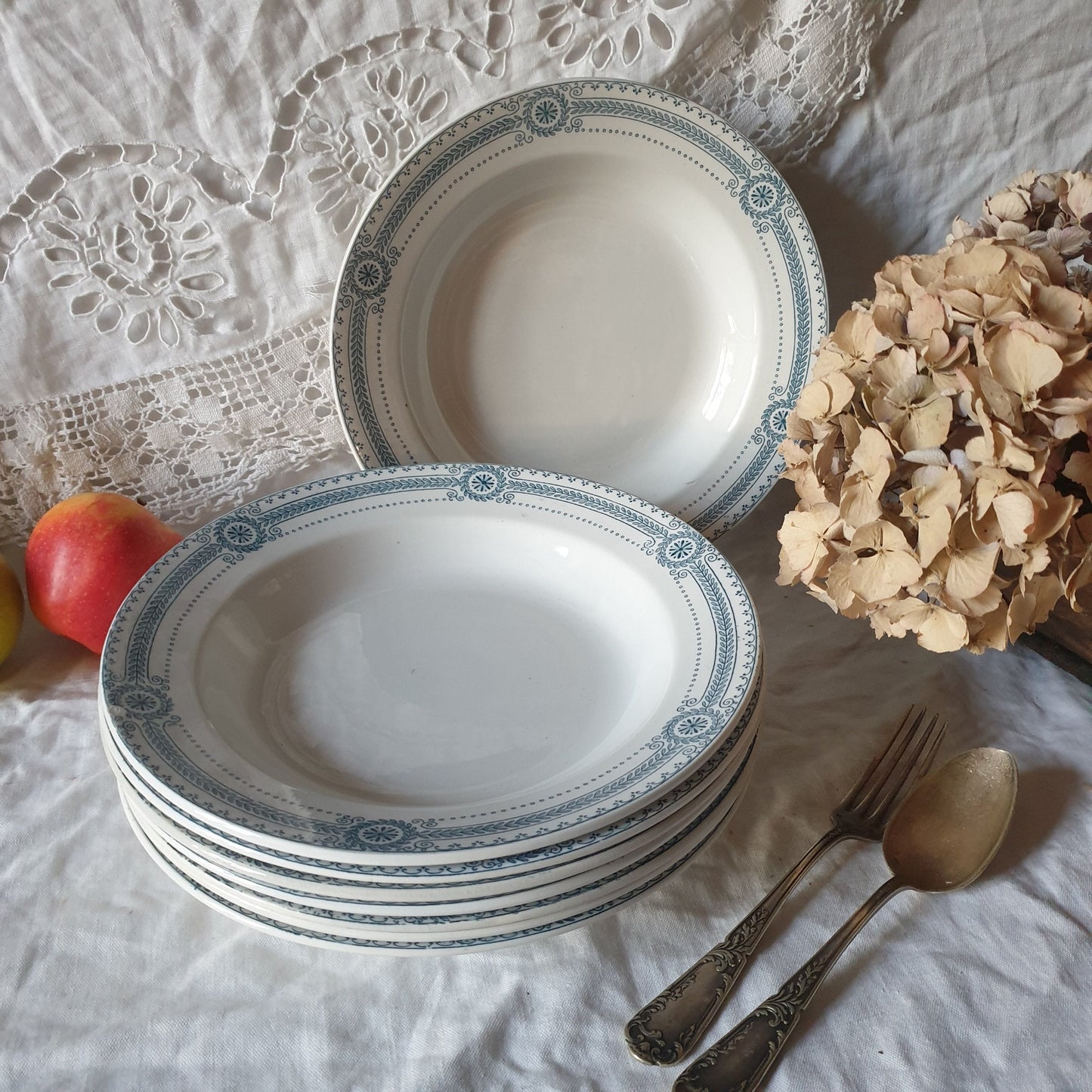 SET 8 French Empire style antique ironstone soup plates, petrol blue & white, Neoclassical laurel wreath, 'Carina' by Sarreguemines France
