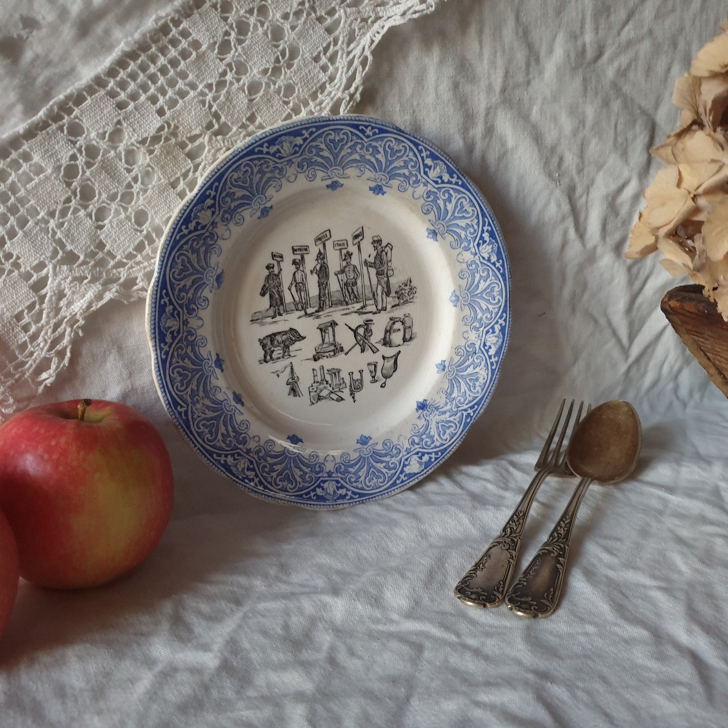 French antique Rebus plate 'assiette parlante' c1890, anti-war military theme w riddle, blue + black transferware, Creil et Montereau France