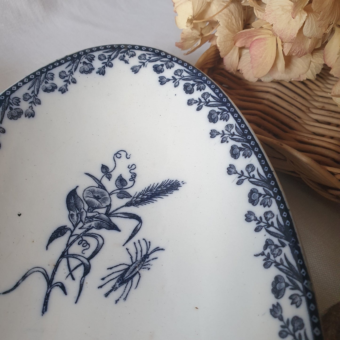 French bug and floral design ceramic ravier, antique small serving dish, Aesthetic Movement, blue transferware by Fenal Freres Pexonne c1890