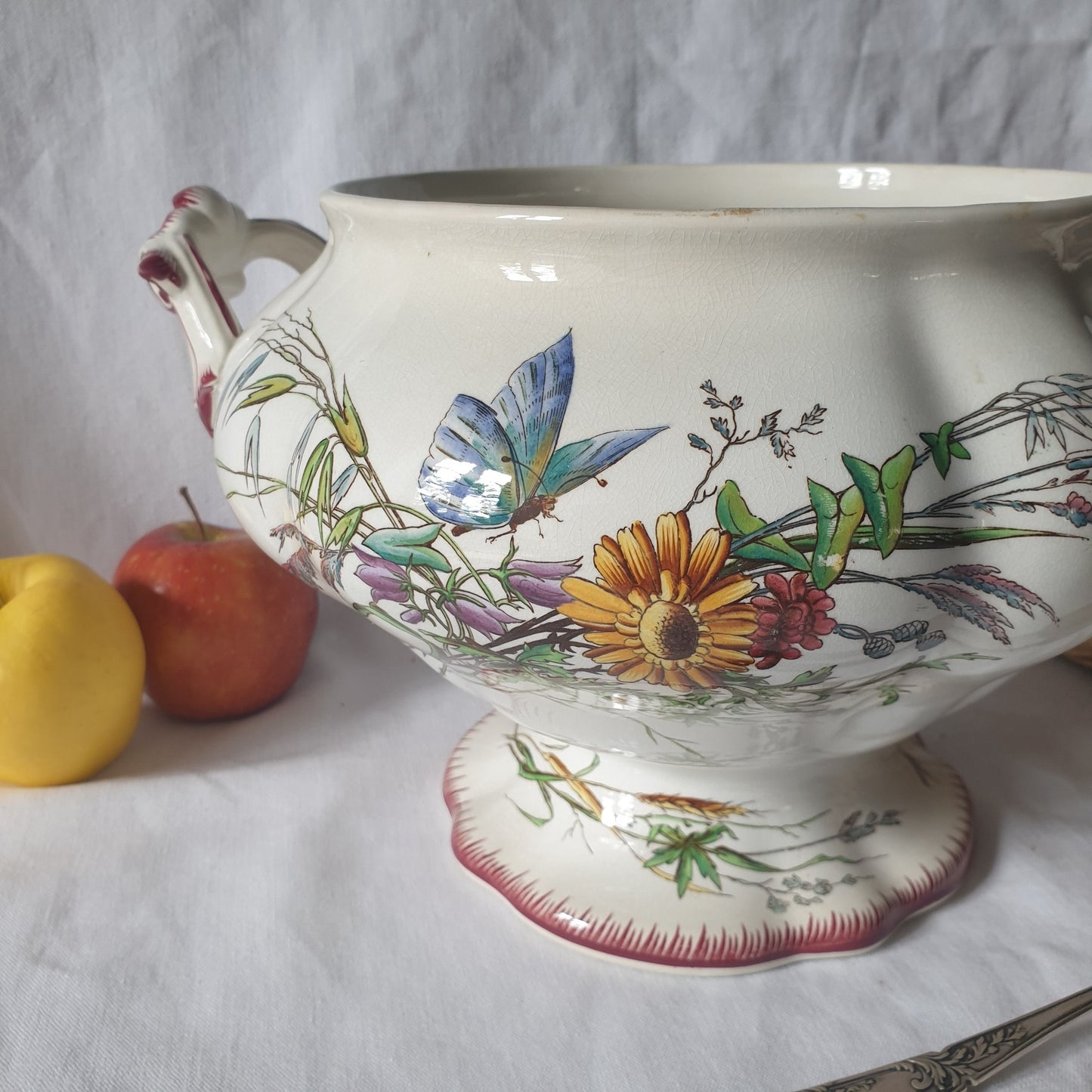 Aged butterfly floral antique ironstone tureen, U&C Sarreguemines 'Papillon' hand colored polychrome transferware c1875 Aesthetic Movement