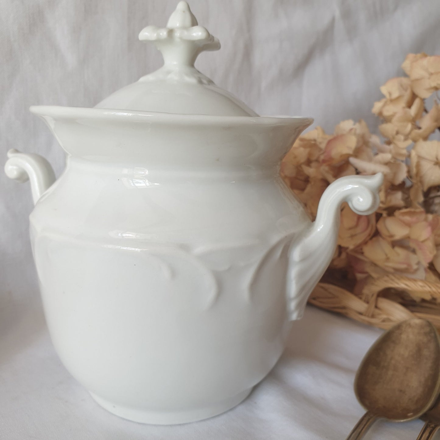 French antique white porcelain lidded cache pot, molded monochrome floral lid finial & ornate handles, 19th / early 20thC Parisian porcelain