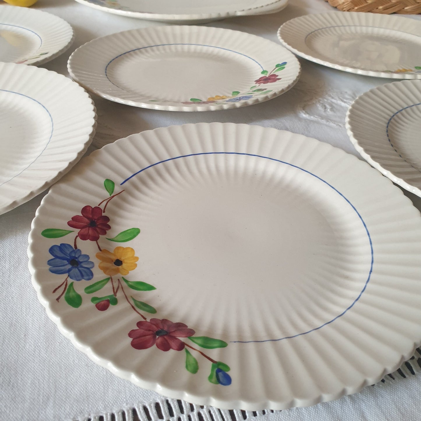 Sarreguemines dessert service 10 pc set, hand-painted faience / ironstone plates + platter French mid-century vintage 'Beausoleil' c1920