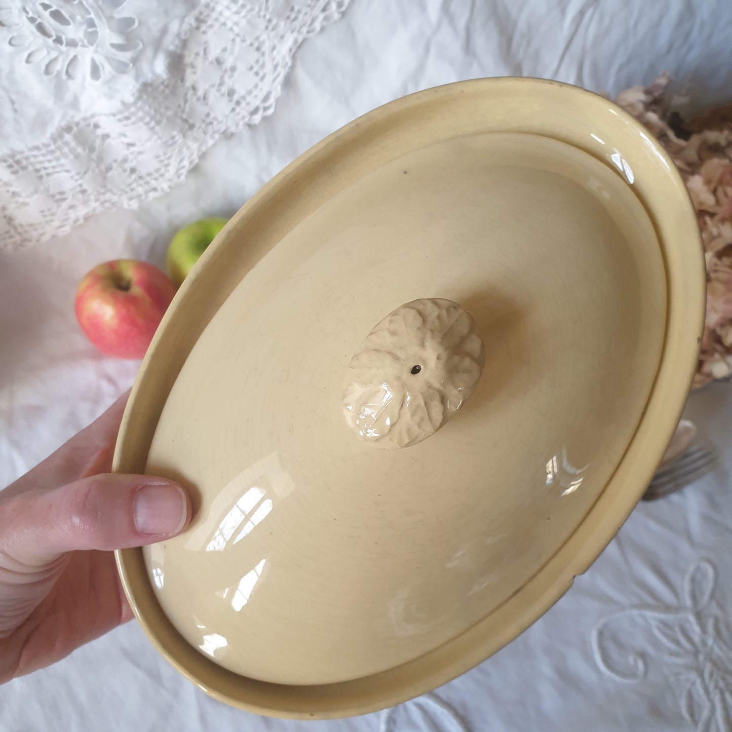 French antique terrine yellow 19thC small oval lidded cooking pot, fois gras dish, molded handles Sarreguemines France, shabby rustic decor