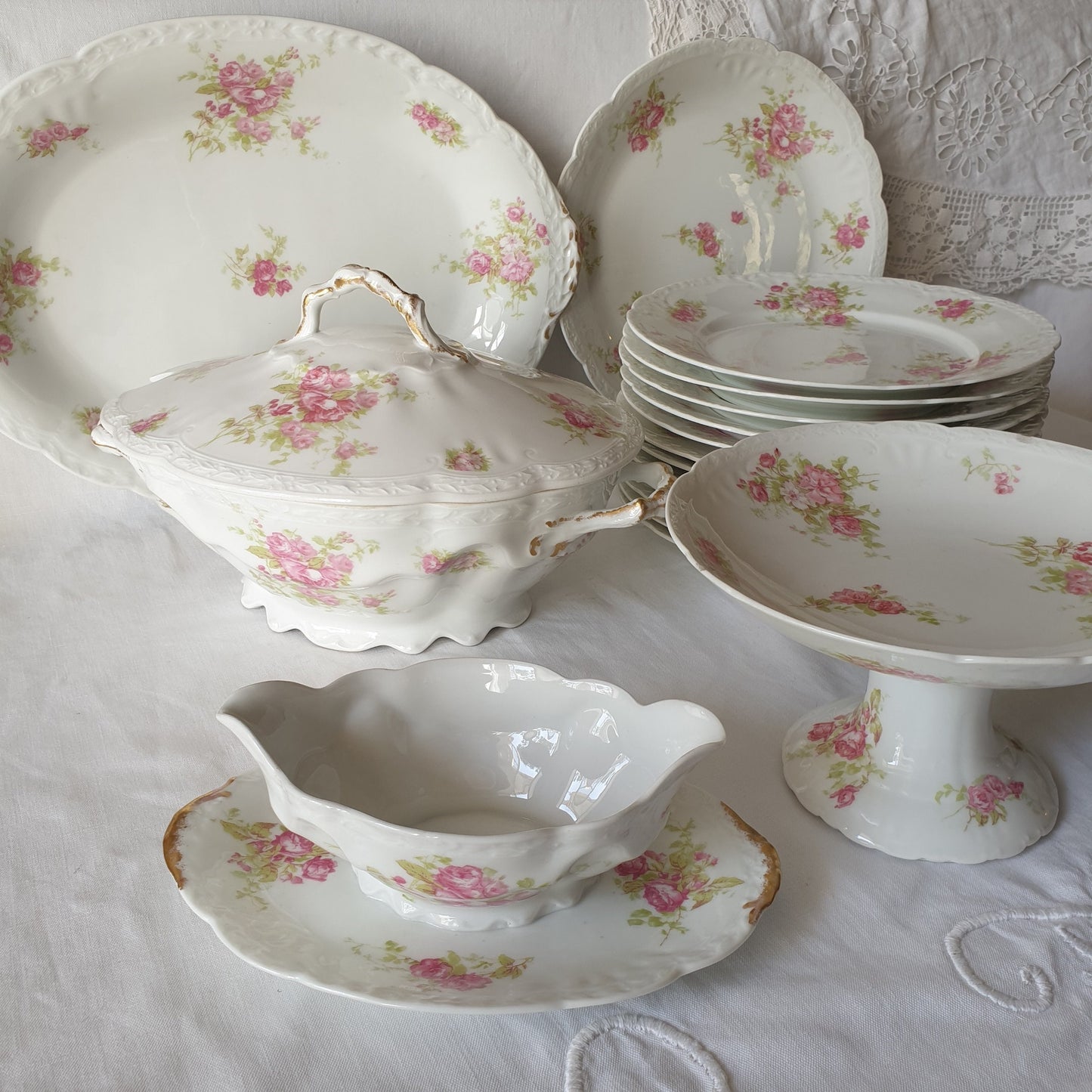 Antique Limoges Porcelain Dinner Service, Pink Roses, Gold Gilt, c1908-20