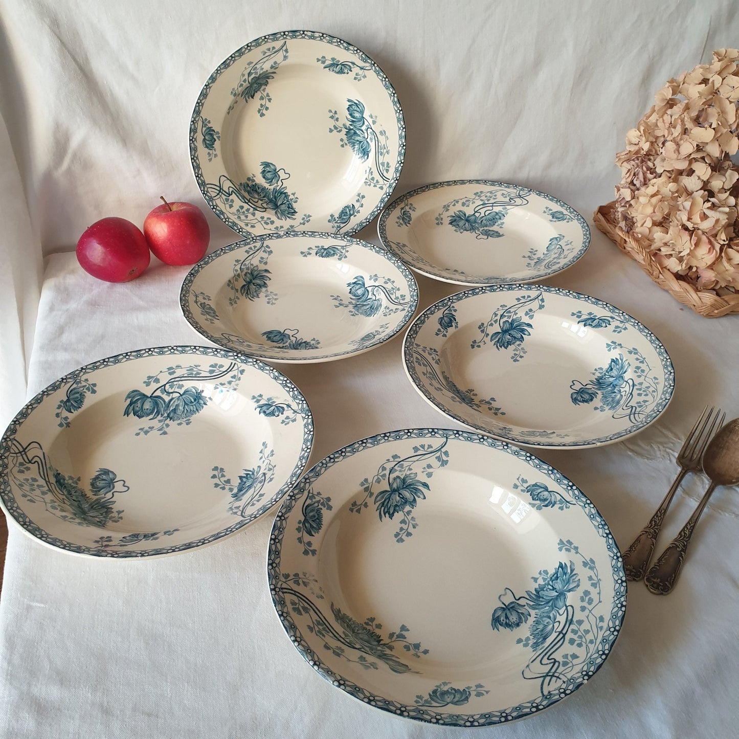 Set of 4, 6 or 10 French antique Art Nouveau soup plates Columbine flower, blue transferware c1910 'Royat' U&C Sarreguemines, France