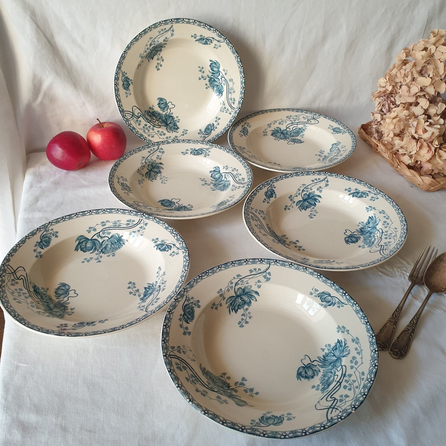 Antique French Soup Plates, Art Nouveau Blue Transferware, Set of 4 or 6