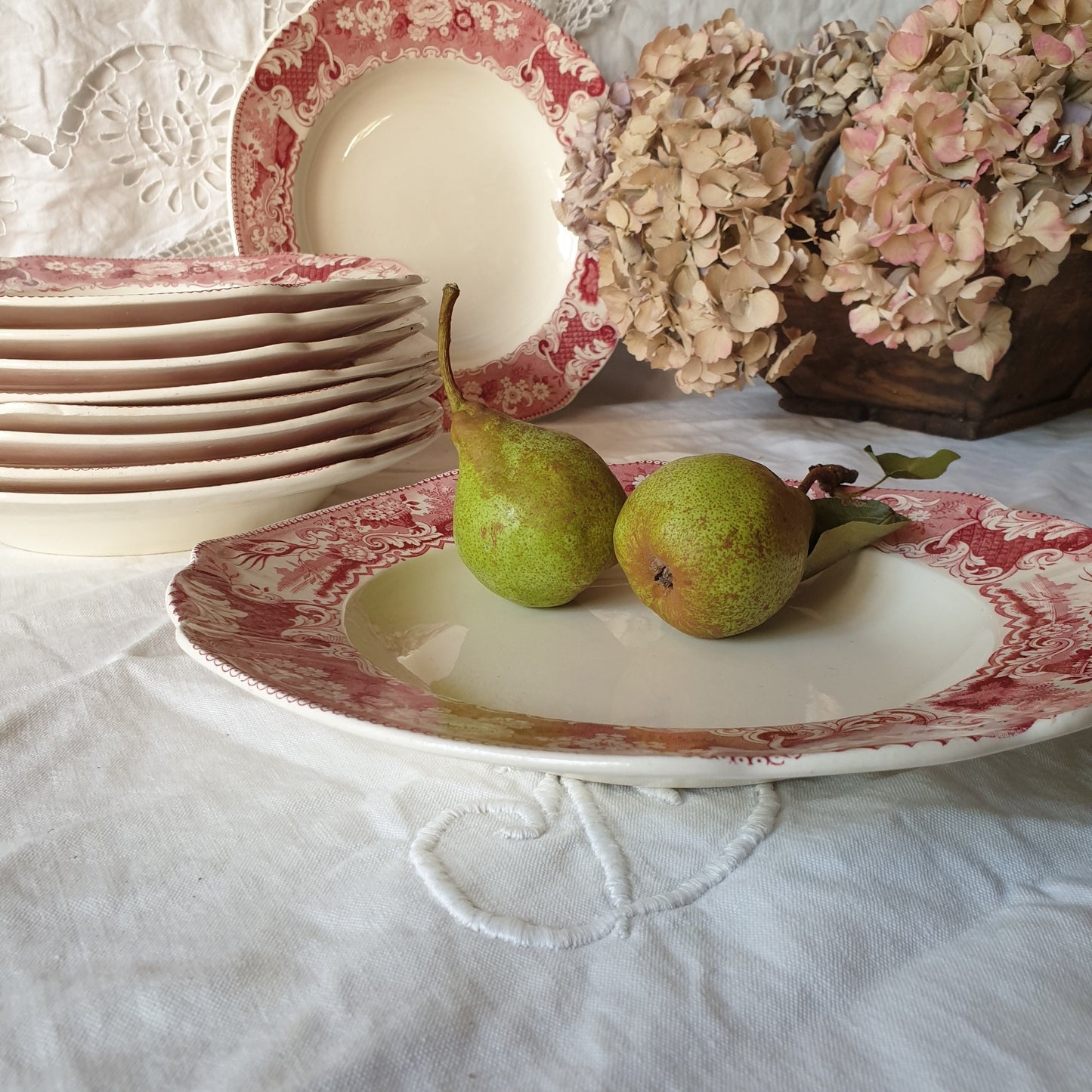 Set of 10 large Antique red transferware formal soup plates ‘Victoria’ by Société Céramique’ Maestricht Holland c1920, floral & bird design