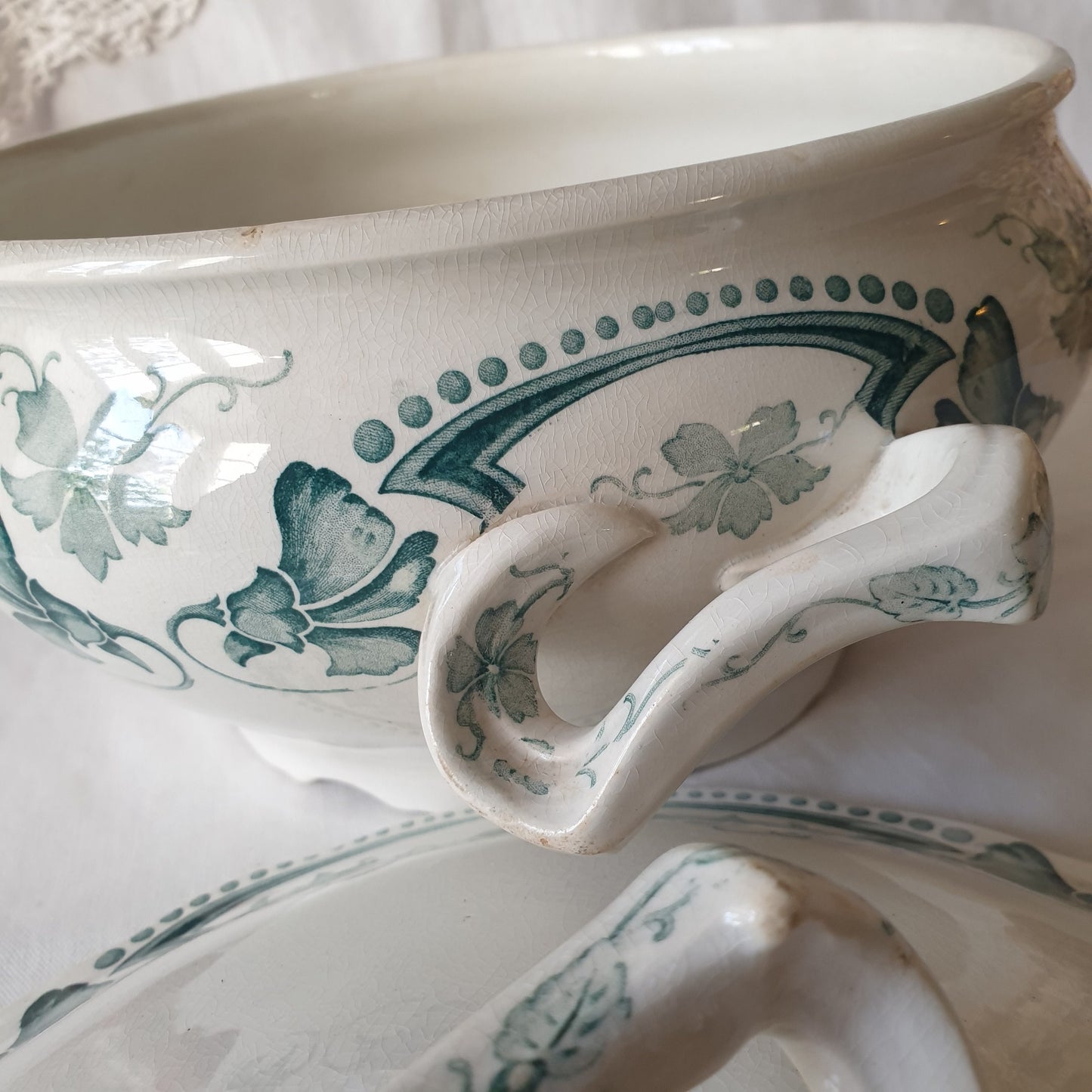 French antique soupiere / tureen teal green transferware, floral 'whiplash' vine, Art Nouveau ironstone, 'Lucy' K&G Luneville France c1900