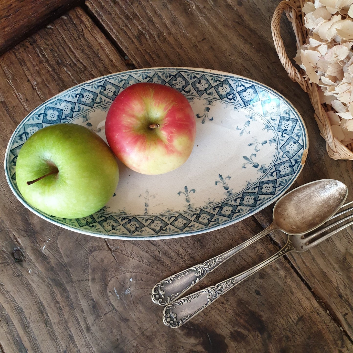French Antique terre de fer ravier dish a patina, Aesthetic Movement Fleur de Lys pattern, petrol blue transferware, Creil Montereau France
