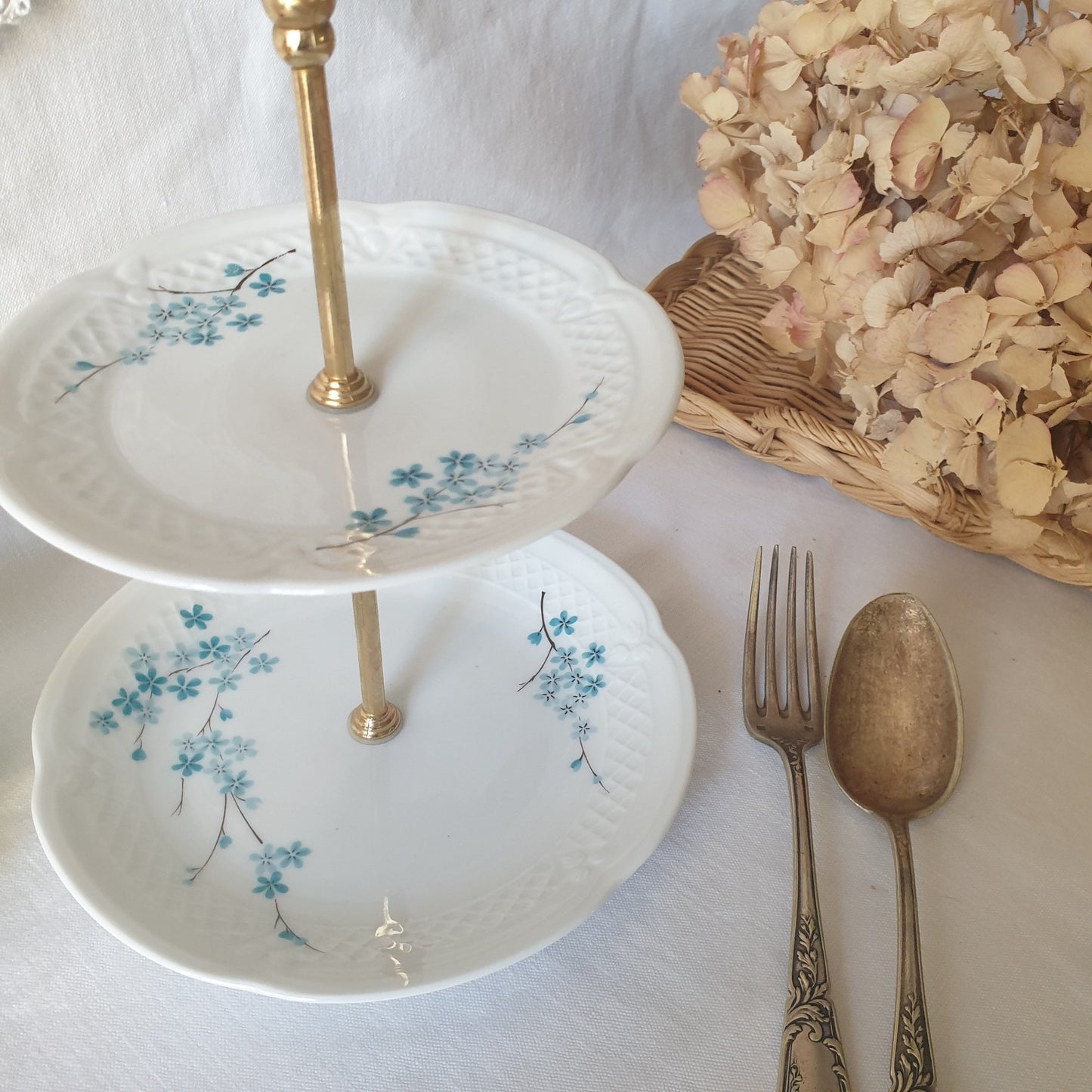 Vintage Limoges Porcelain Cake Stand, Blue Floral Trellis, Goldtone trim