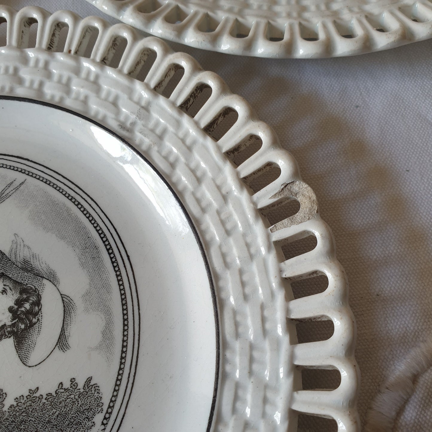 SET 5 French antique arcaded cabinet plates c1880 French fashion theme, black transferware, ironstone, pierced border Longwy (attrib) France