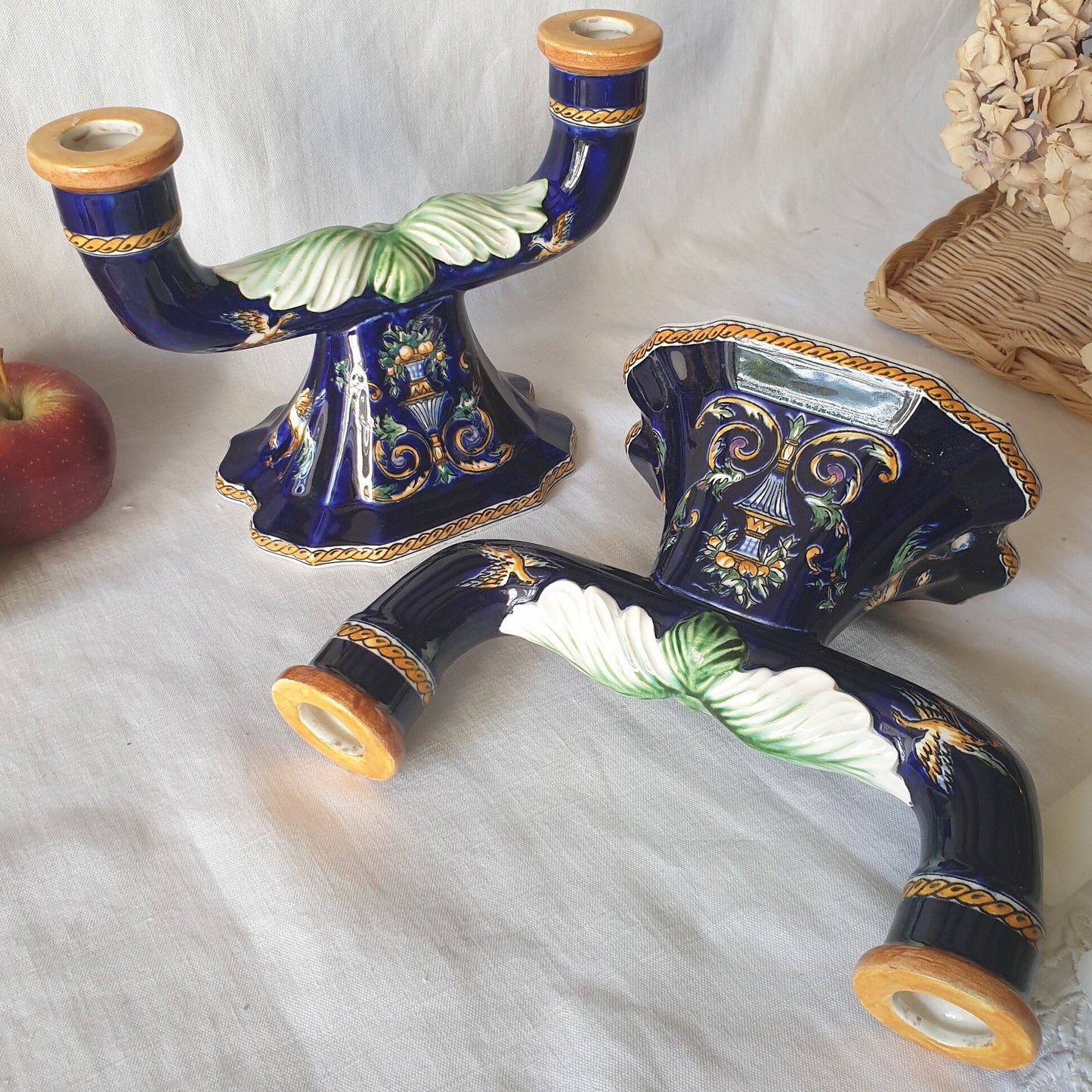 Pair of French vintage barbotine majolica candle holders / lamp bases baroque style rich indigo blue glaze, hand painted Gien, France c1970