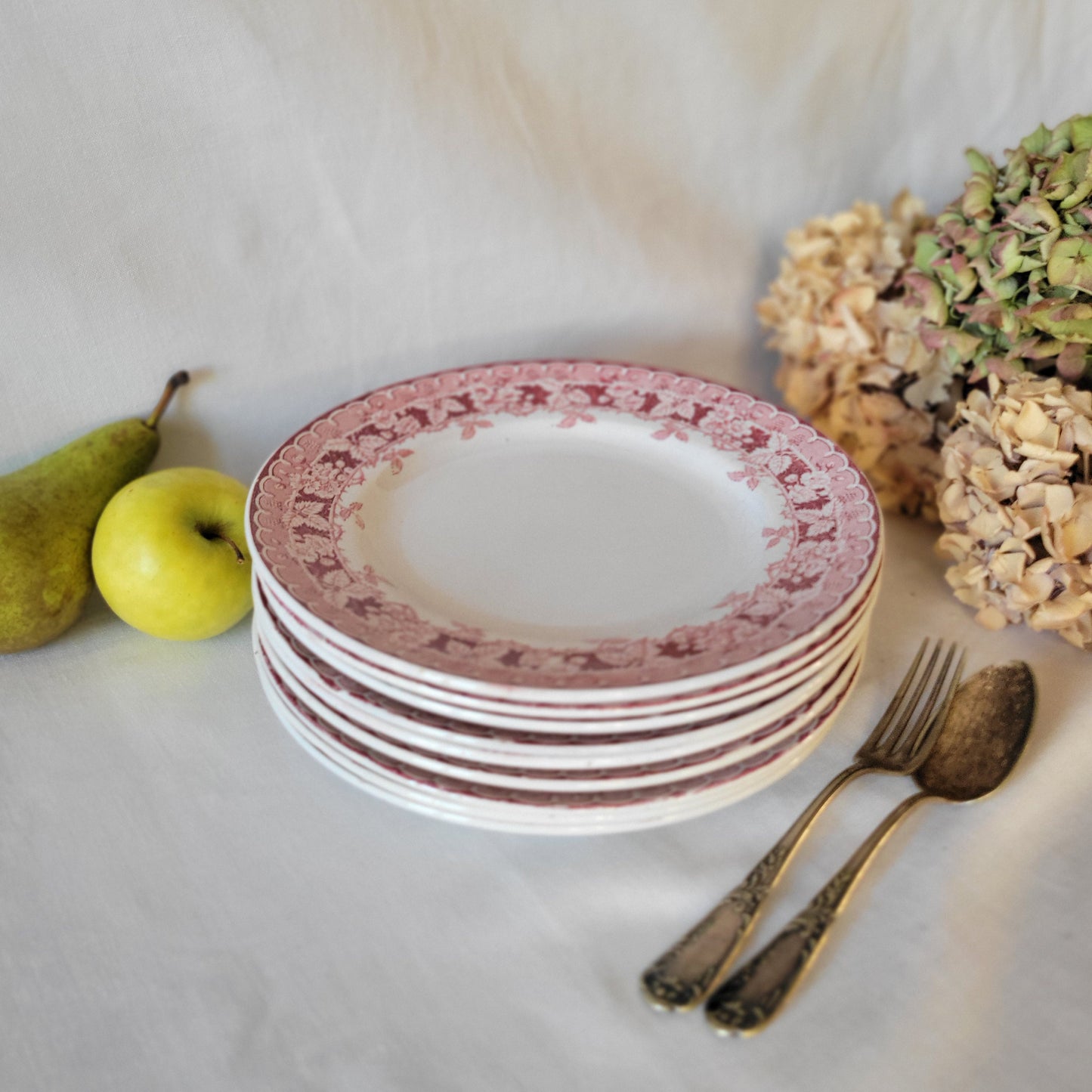 SET 9 vintage ironstone dinner plates in red transferware ivory white, Aesthetic movement St Amand France, 'Murier' ('blackberry') pattern