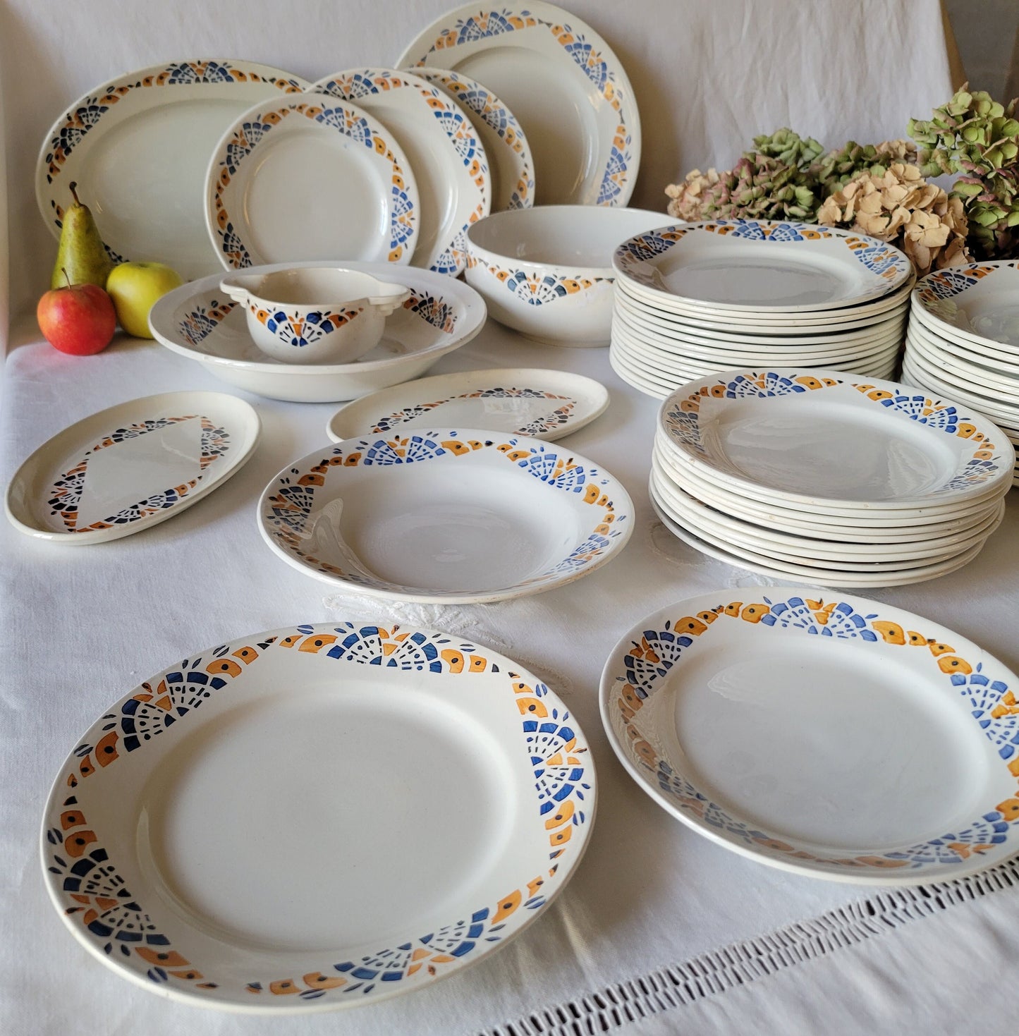 Vintage 12-Place French Art Deco Dinner Service, Blue & Mustard Yellow, 43-Piece Set