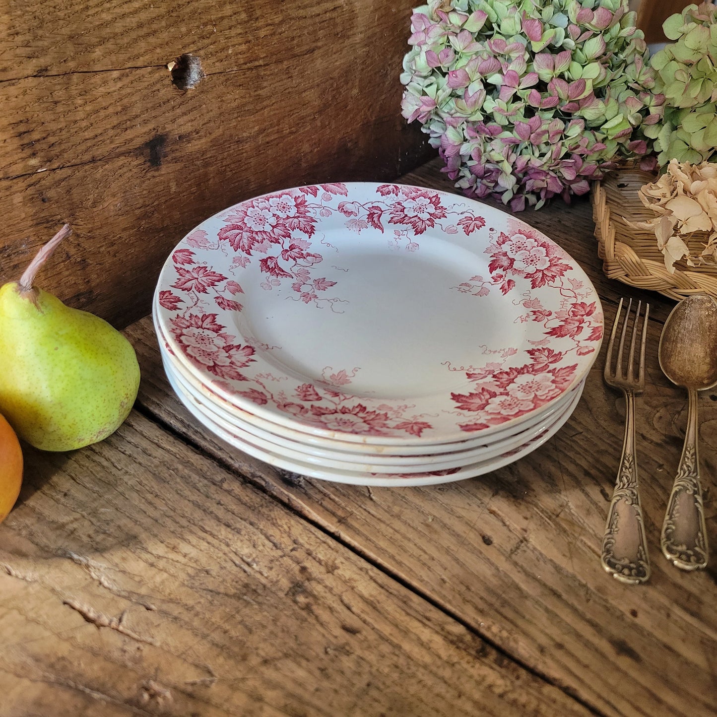 Set of 5 antique ironstone floral dinner plates red transferware vining flower design 'Marion' terre de fer by St Amand, France c1900-1920