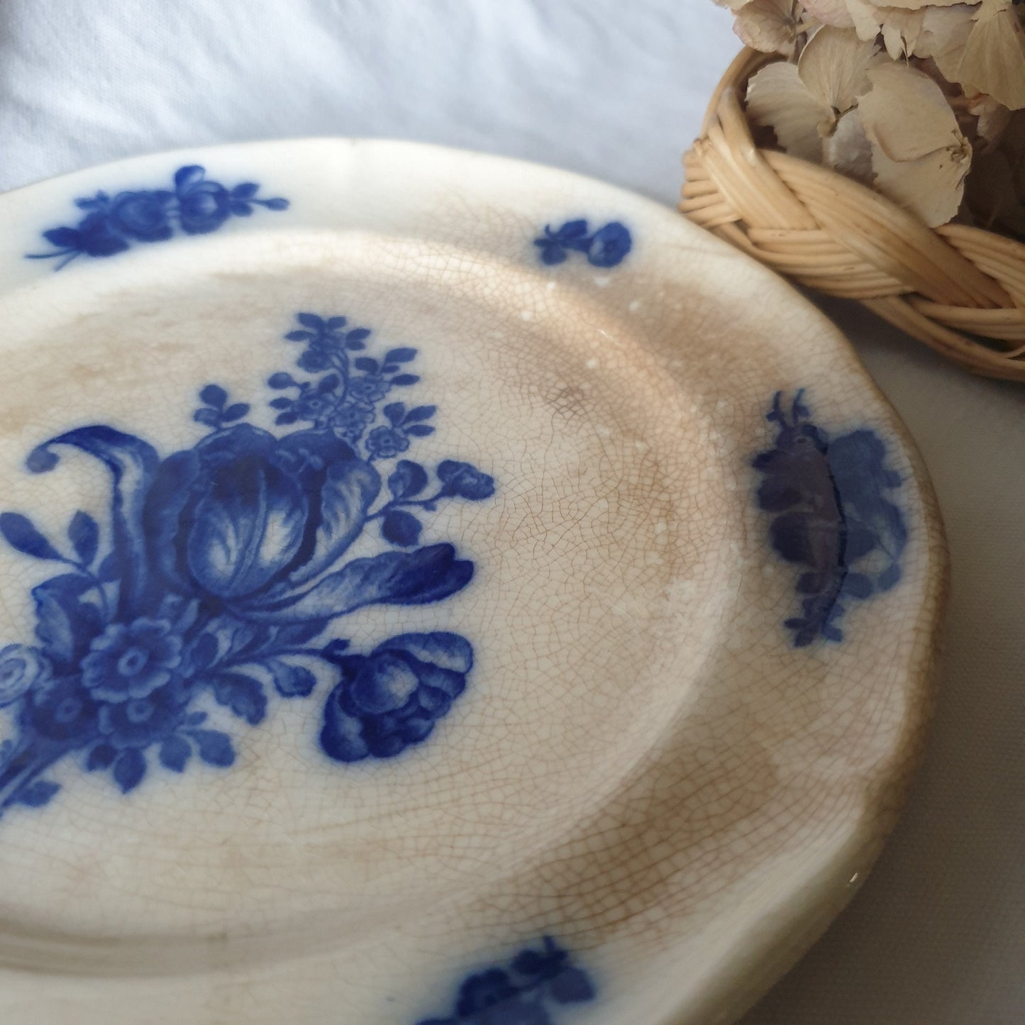 SET 3 aged patina floral side plates, Antique navy blue flow transferware, flower display wall plates c1921 Villeroy & Boch Mettlach ceramic