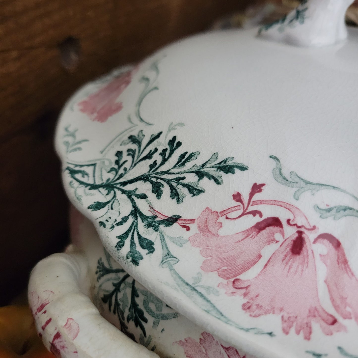 PAIR Shabby Antique French Luneville Soup Tureens, Green & Pink Art Nouveau Floral Transferware