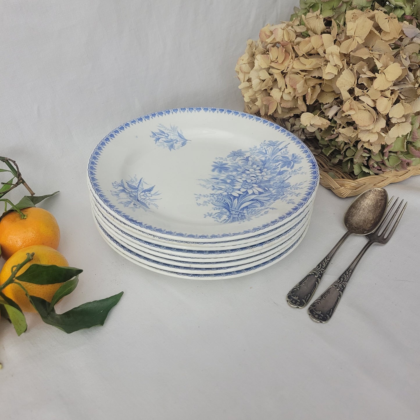 SET of 8 antique floral dinner plates 'Cilla' flower design, cornflower blue transferware, Societe Ceramique, Maastricht, Holland c1890-1920