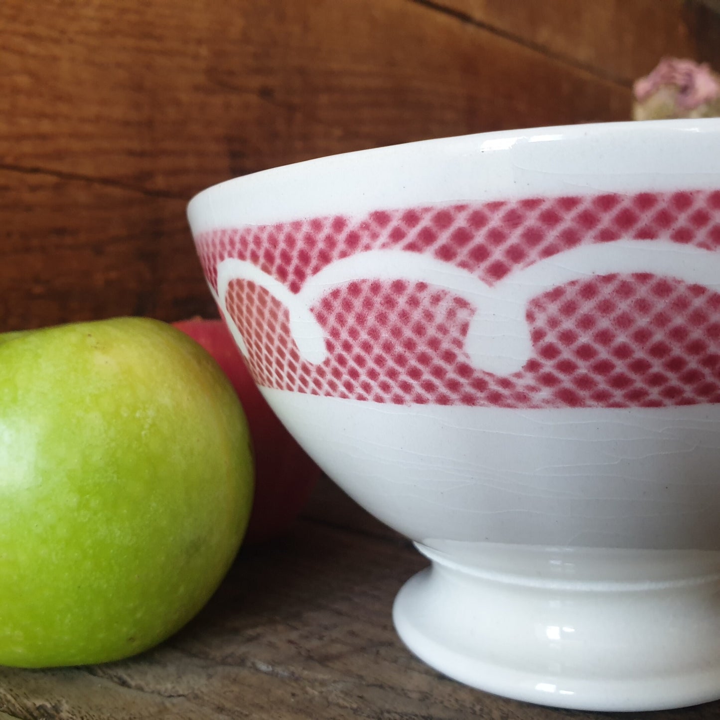 PAIR French vintage cafe au lait large coffee bowls, red and white stencil painted gingham / trellis & loop border design, France c1950