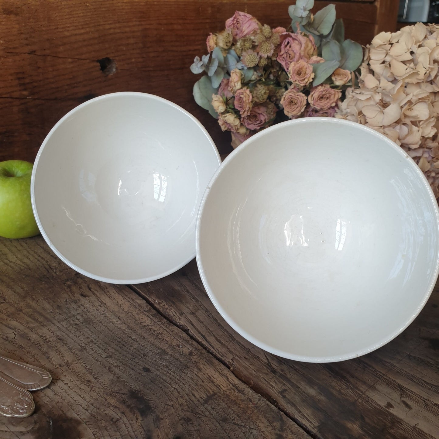 PAIR French vintage cafe au lait large coffee bowls, red and white stencil painted gingham / trellis & loop border design, France c1950