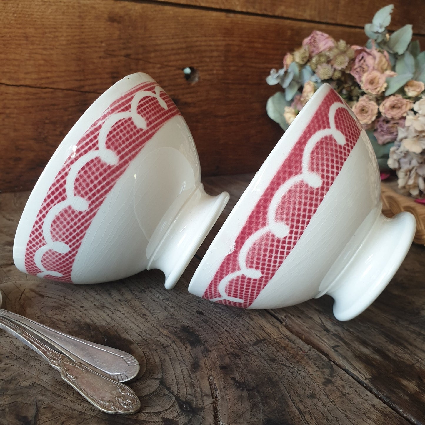 PAIR French vintage cafe au lait large coffee bowls, red and white stencil painted gingham / trellis & loop border design, France c1950