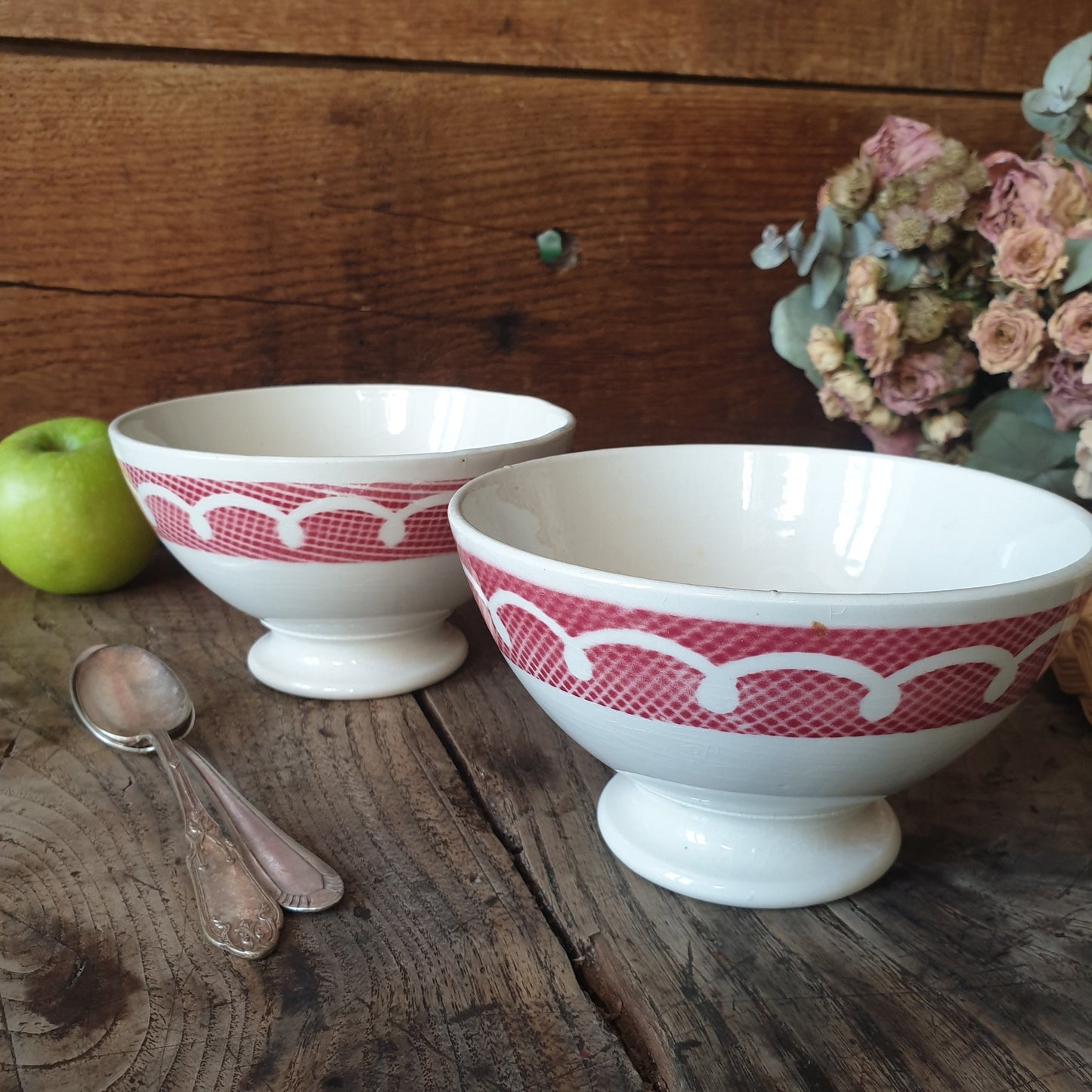 PAIR French vintage cafe au lait large coffee bowls, red and white stencil painted gingham / trellis & loop border design, France c1950