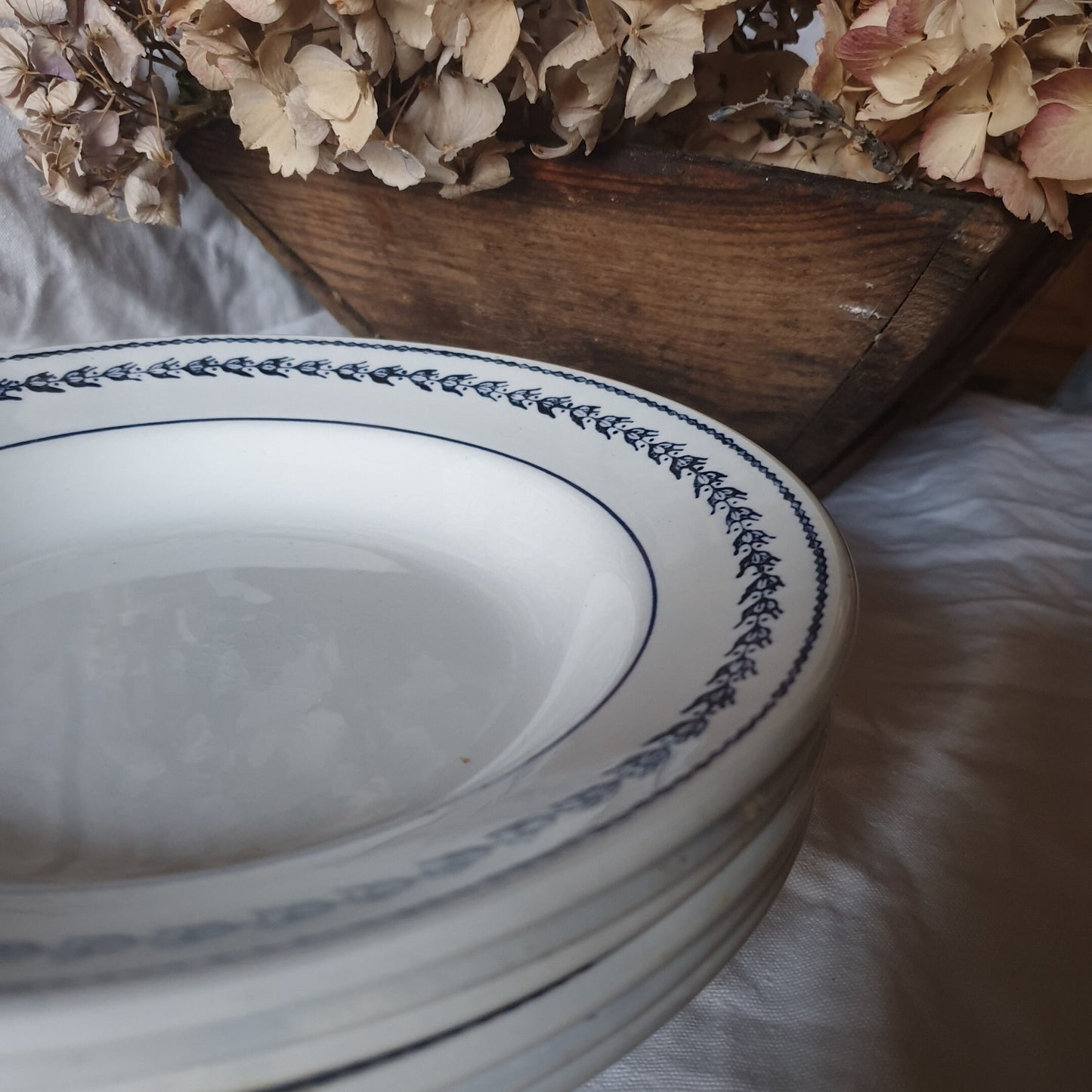 Set of 6 soup plates, French antique bowls, blue black transferware w floral border, Empire style design from St Amand, France c1908-1920