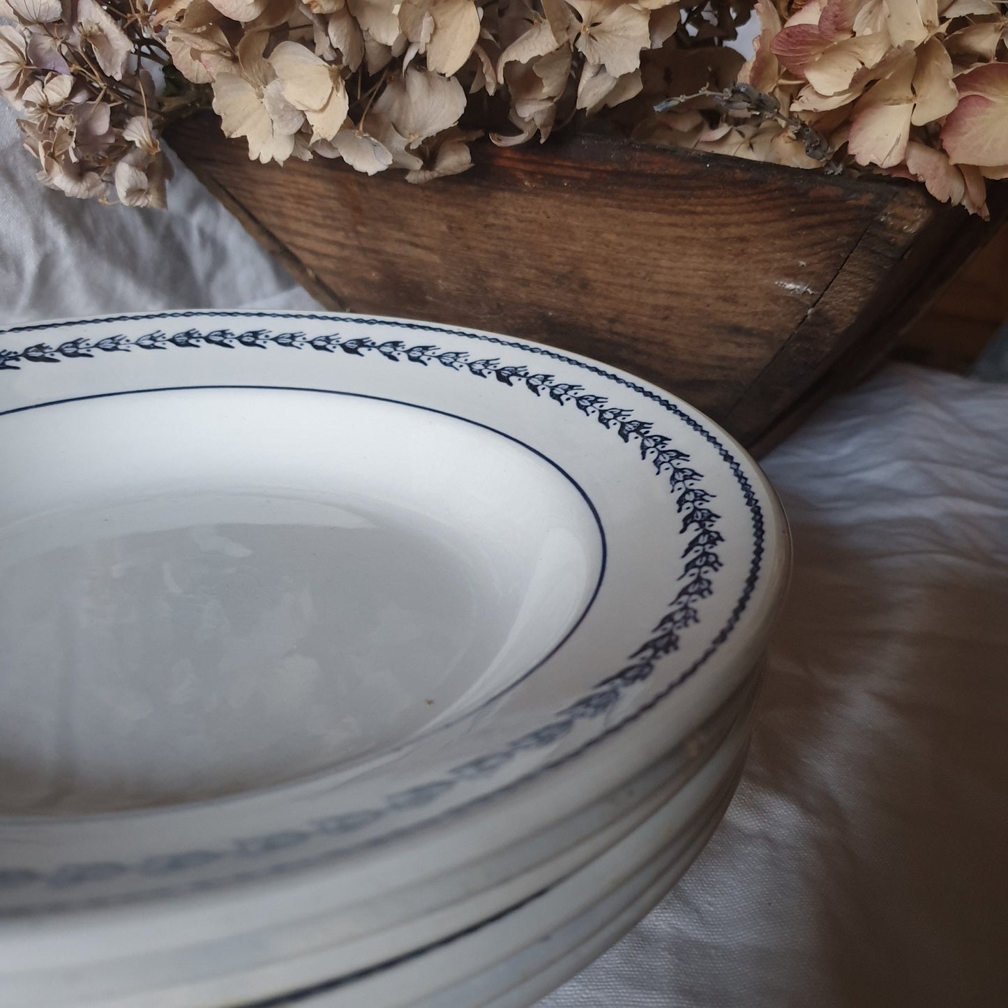 Antique French Soup Plates Set, Dark Blue Transferware, St Amand Floral Border