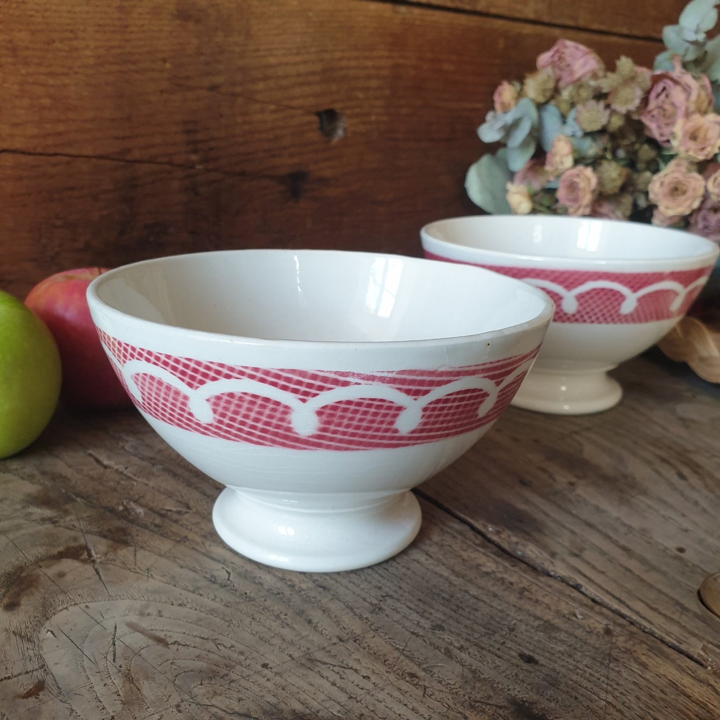 PAIR French vintage cafe au lait large coffee bowls, red and white stencil painted gingham / trellis & loop border design, France c1950