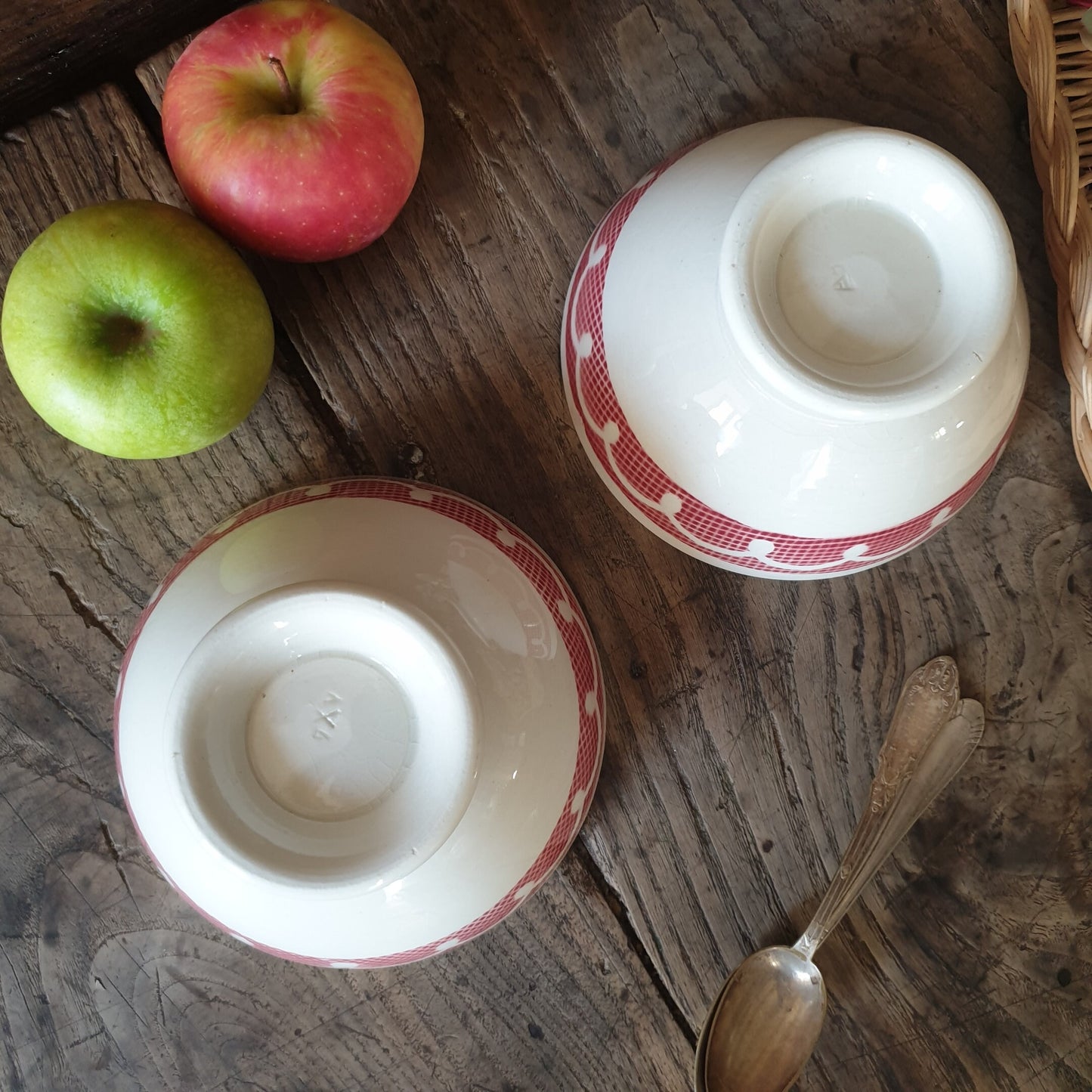 PAIR French vintage cafe au lait large coffee bowls, red and white stencil painted gingham / trellis & loop border design, France c1950