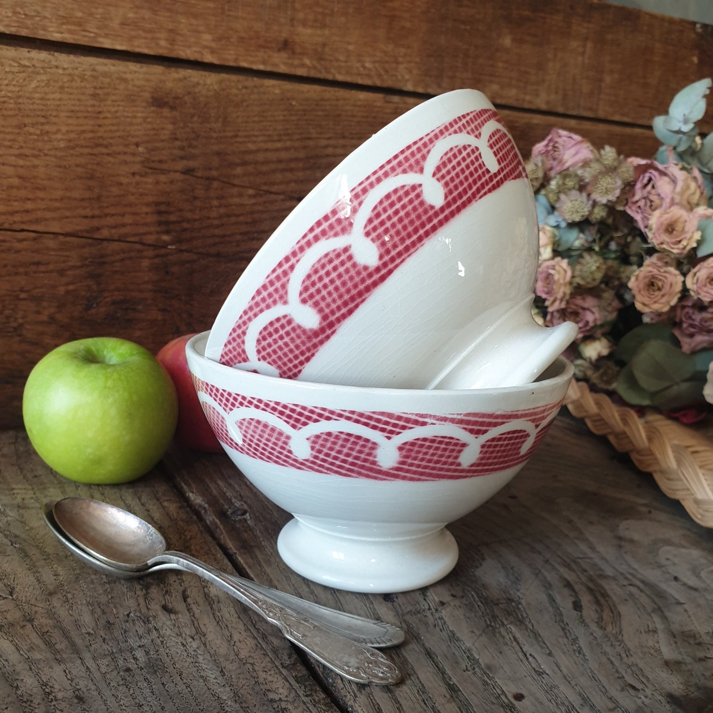PAIR French vintage cafe au lait large coffee bowls, red and white stencil painted gingham / trellis & loop border design, France c1950
