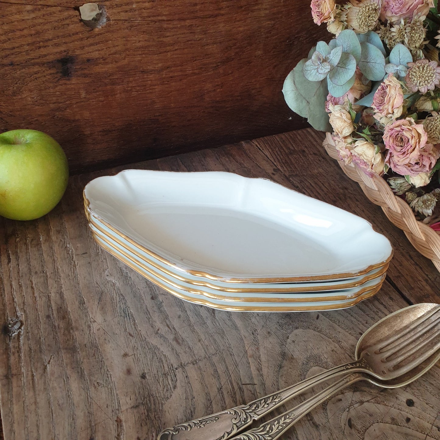 SET of 4 French antique porcelain ravier serving dishes lozenge shape, white with gold trim, antique numbers, Belle Epoque c1895-1910 France