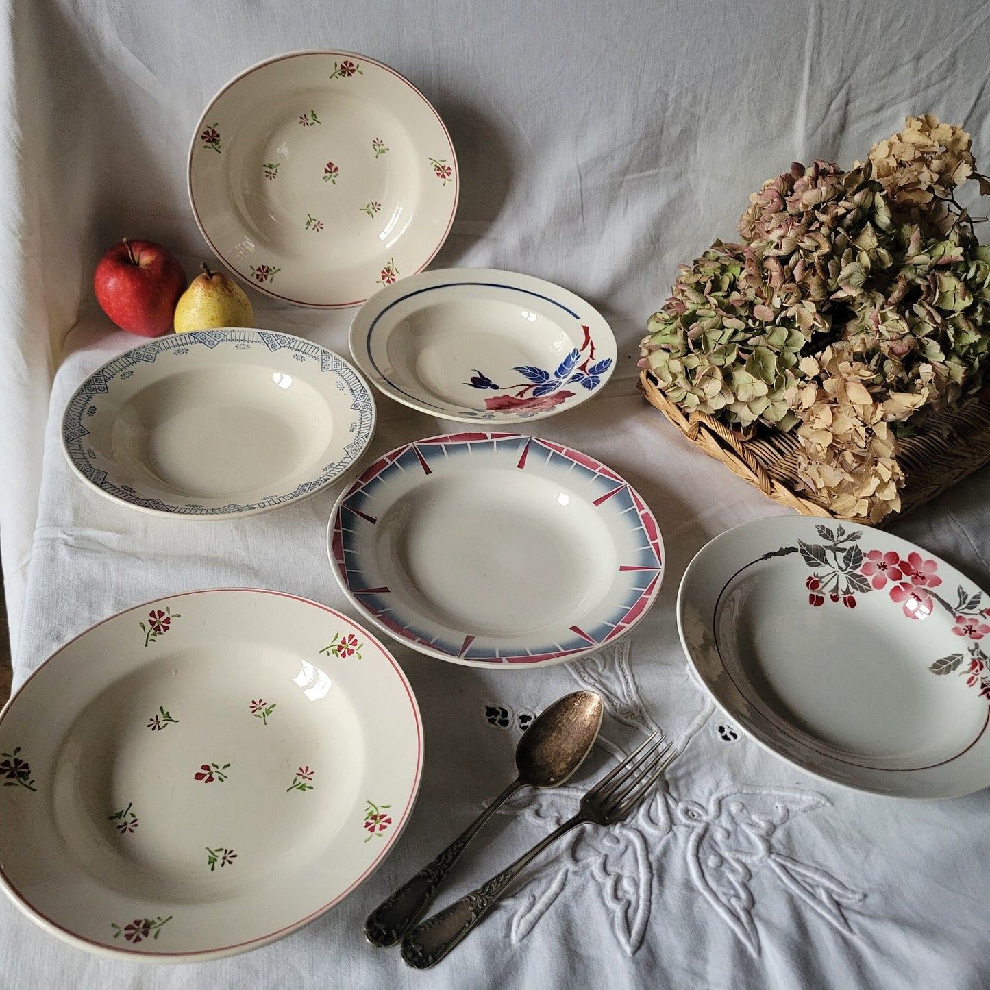 SET 6 vintage French soup plates, mismatched, farmhouse / cottage floral red, blue & white ironstone, stencil / hand painted Gien, Luneville