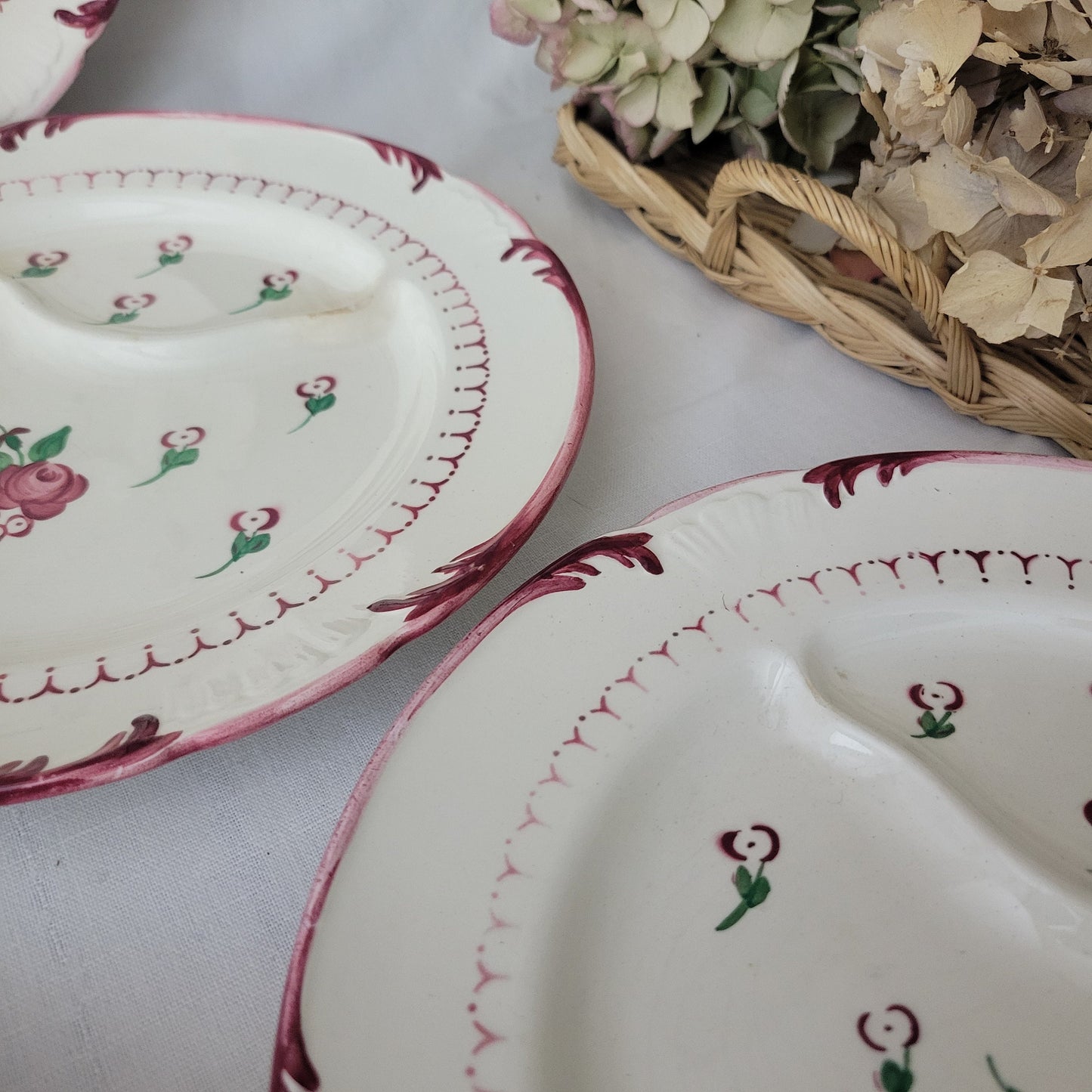 SET 8 French antique asparagus / artichoke plates, hand painted floral design, pink-red & green earthenware ironstone Longchamp France c1910