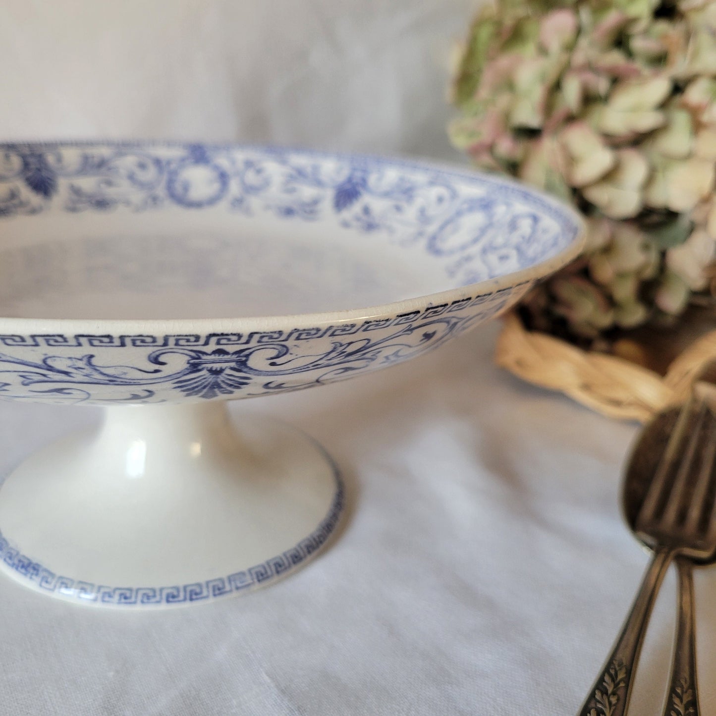 French antique 19thC cake / dessert stand, floral blue & white transferware, Marie Louise by Creil et Montereau, Empire wreaths, ribbons