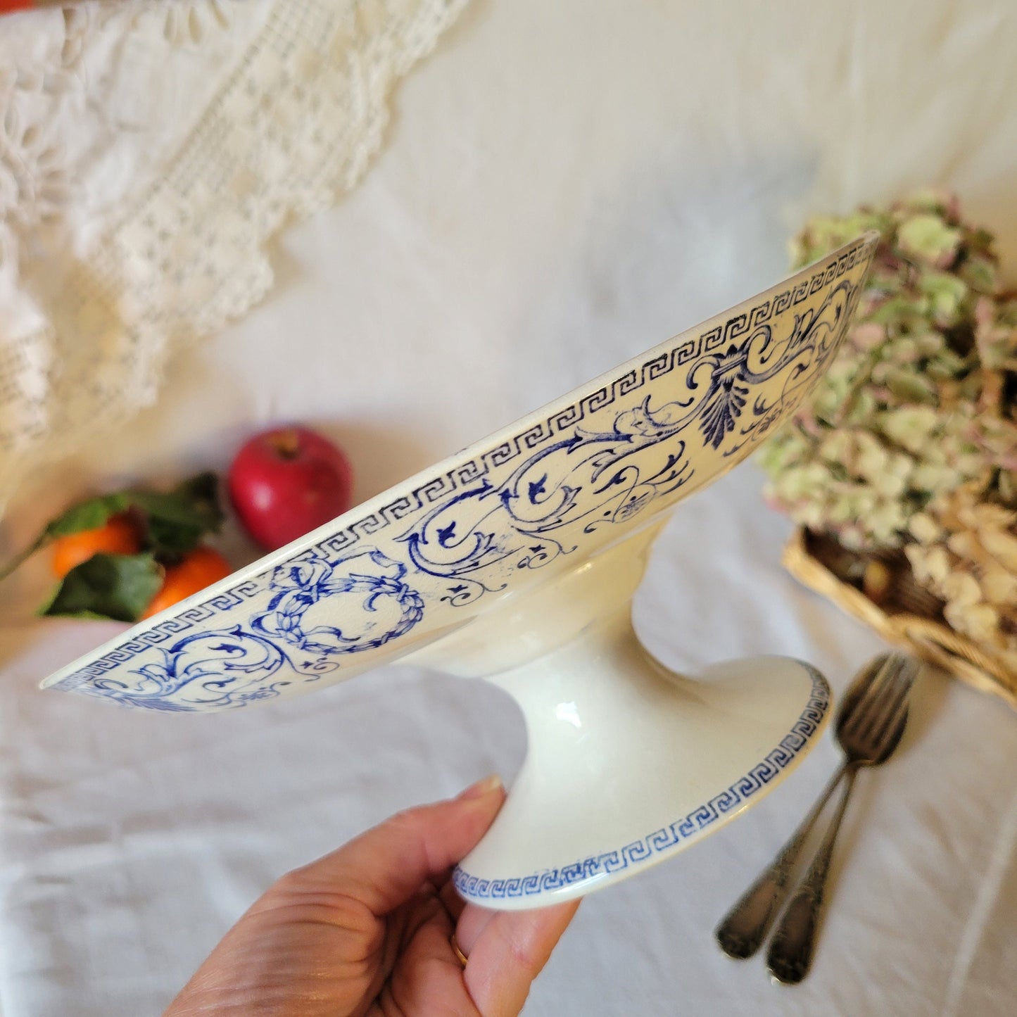French antique 19thC cake / dessert stand, floral blue & white transferware, Marie Louise by Creil et Montereau, Empire wreaths, ribbons