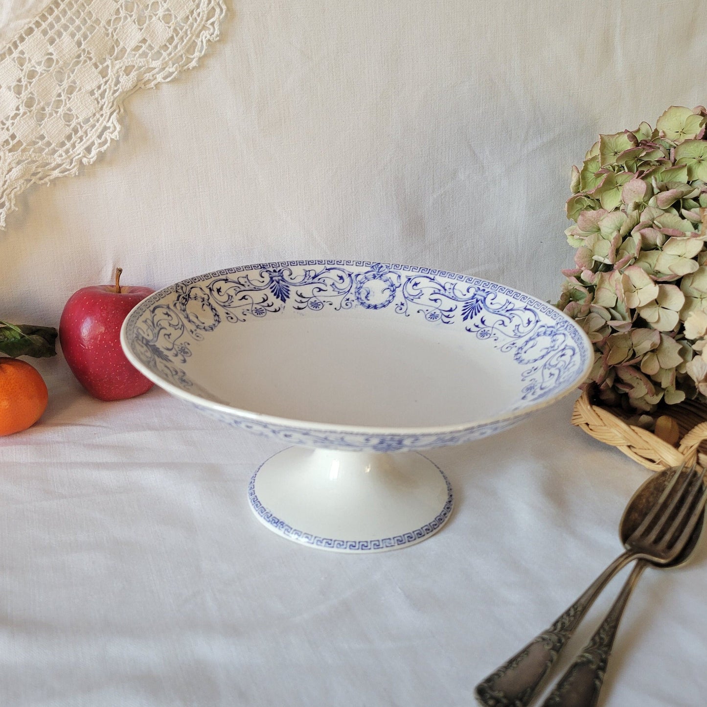 French antique 19thC cake / dessert stand, floral blue & white transferware, Marie Louise by Creil et Montereau, Empire wreaths, ribbons