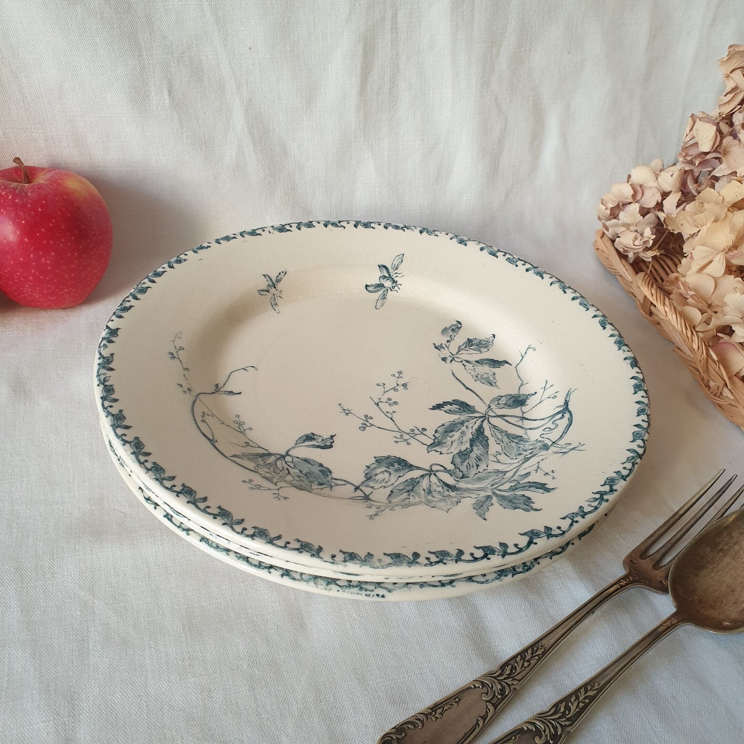 Set 3 French antique plates light blue transferware w insects / bees countryside, Vigne Vierge by Gien, France c1895-1910 Aesthetic Movement