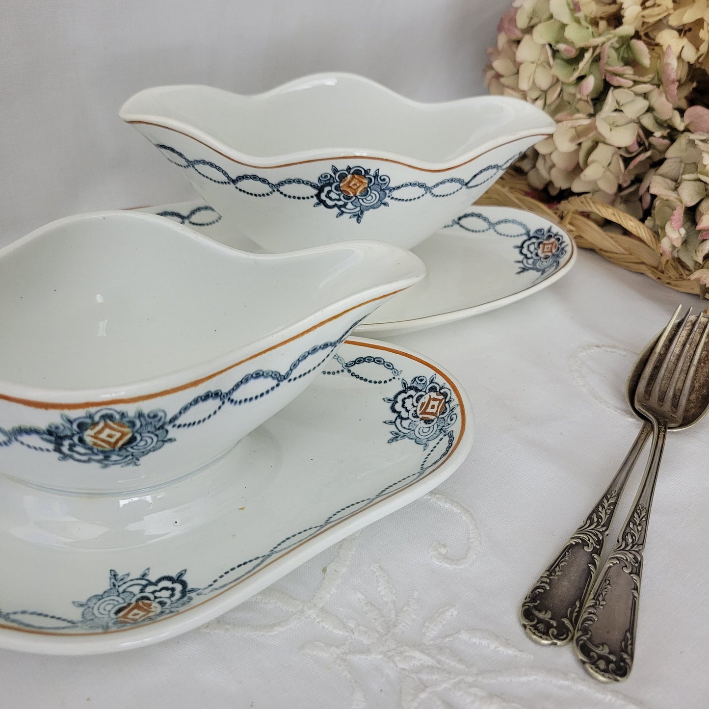 Pair of French antique ironstone double ended sauce boats / sauciere w footplate, blue transferware, St Amand earthenware France c1900-1920
