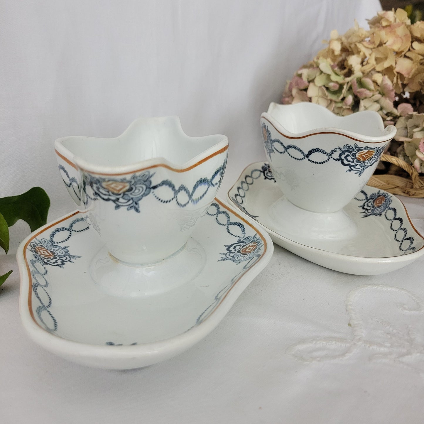 Pair of French antique ironstone double ended sauce boats / sauciere w footplate, blue transferware, St Amand earthenware France c1900-1920