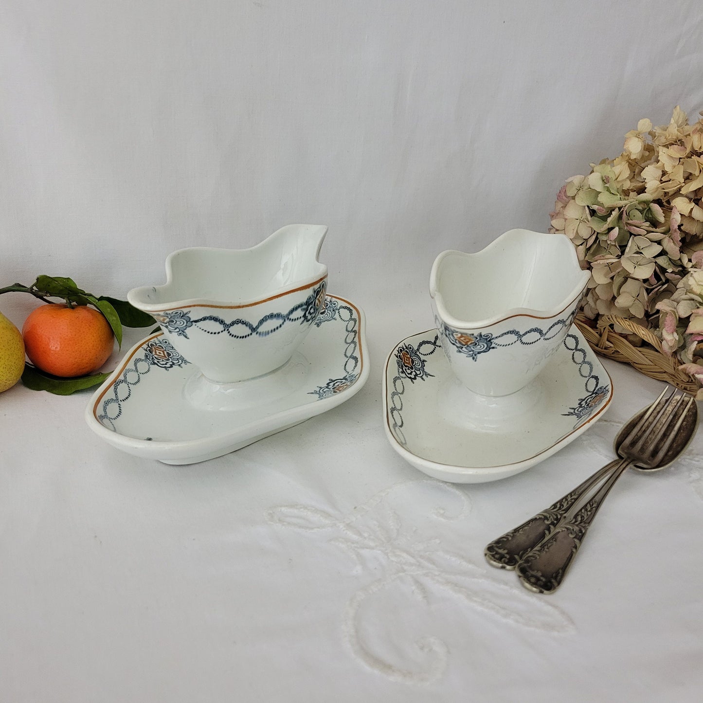 Pair of French antique ironstone double ended sauce boats / sauciere w footplate, blue transferware, St Amand earthenware France c1900-1920