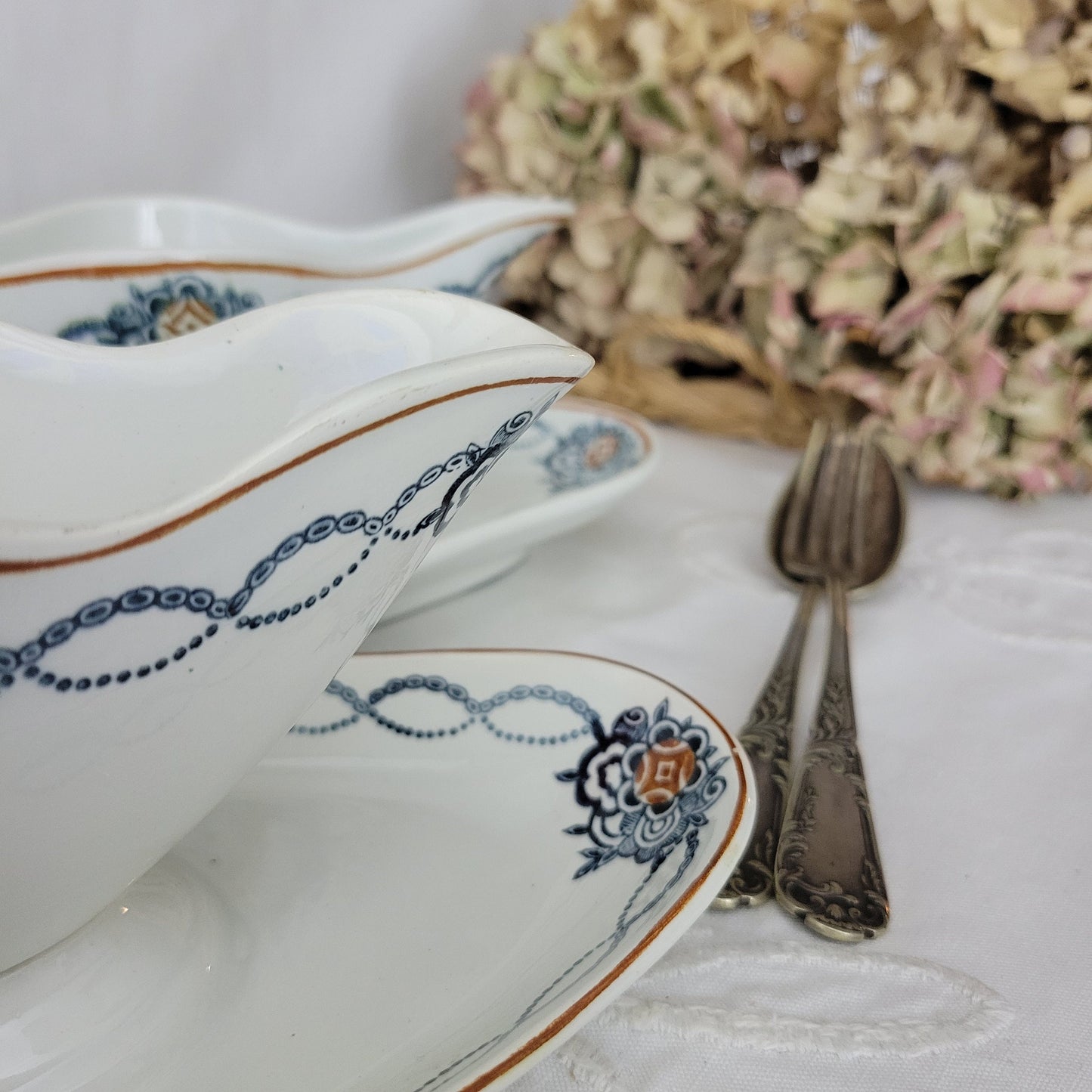 Pair of French antique ironstone double ended sauce boats / sauciere w footplate, blue transferware, St Amand earthenware France c1900-1920