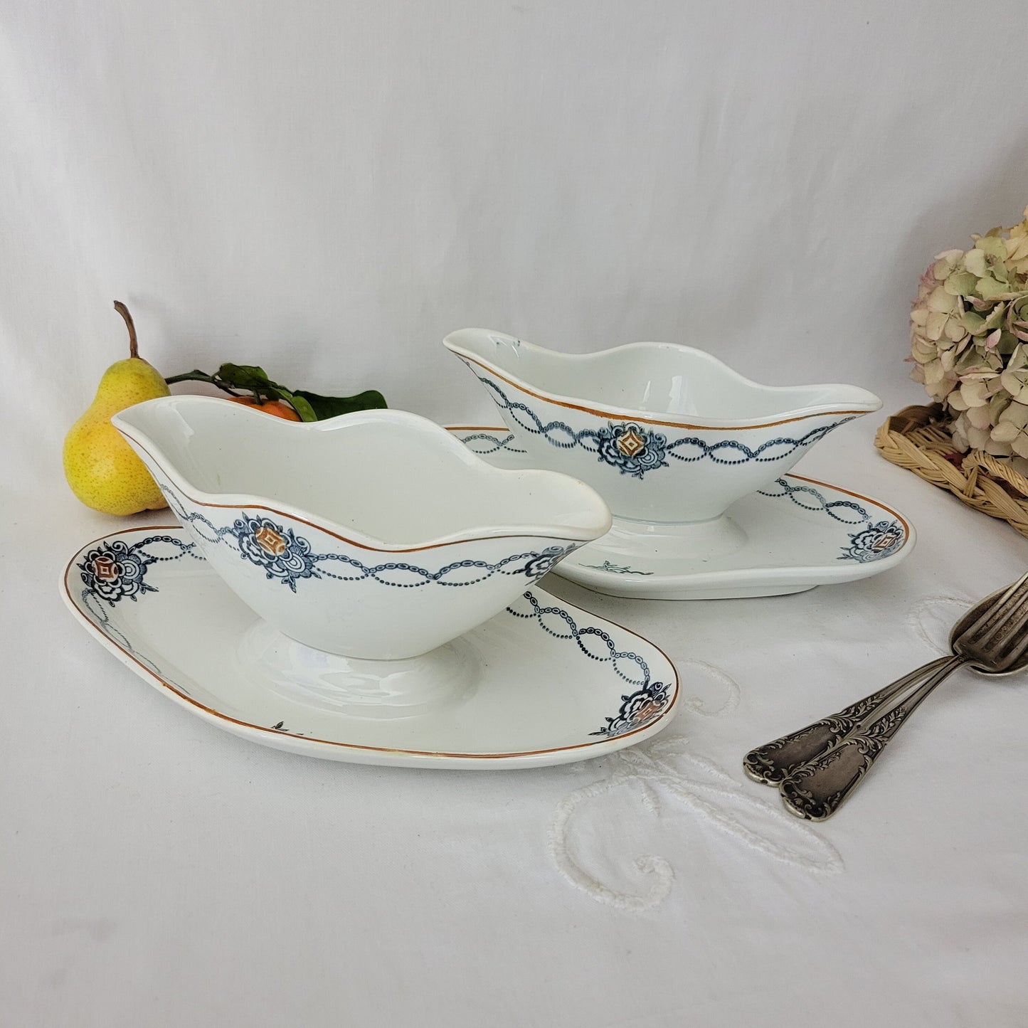 Pair of French antique ironstone double ended sauce boats / sauciere w footplate, blue transferware, St Amand earthenware France c1900-1920