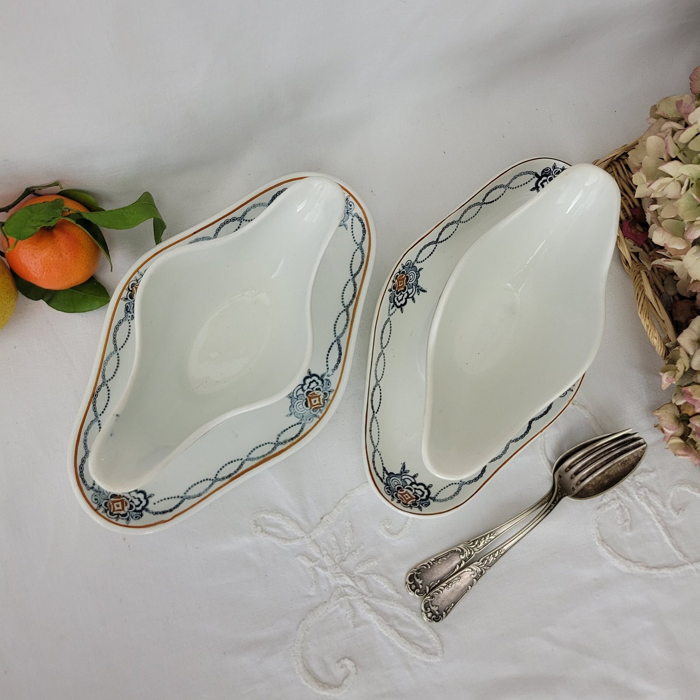 Pair of French antique ironstone double ended sauce boats / sauciere w footplate, blue transferware, St Amand earthenware France c1900-1920