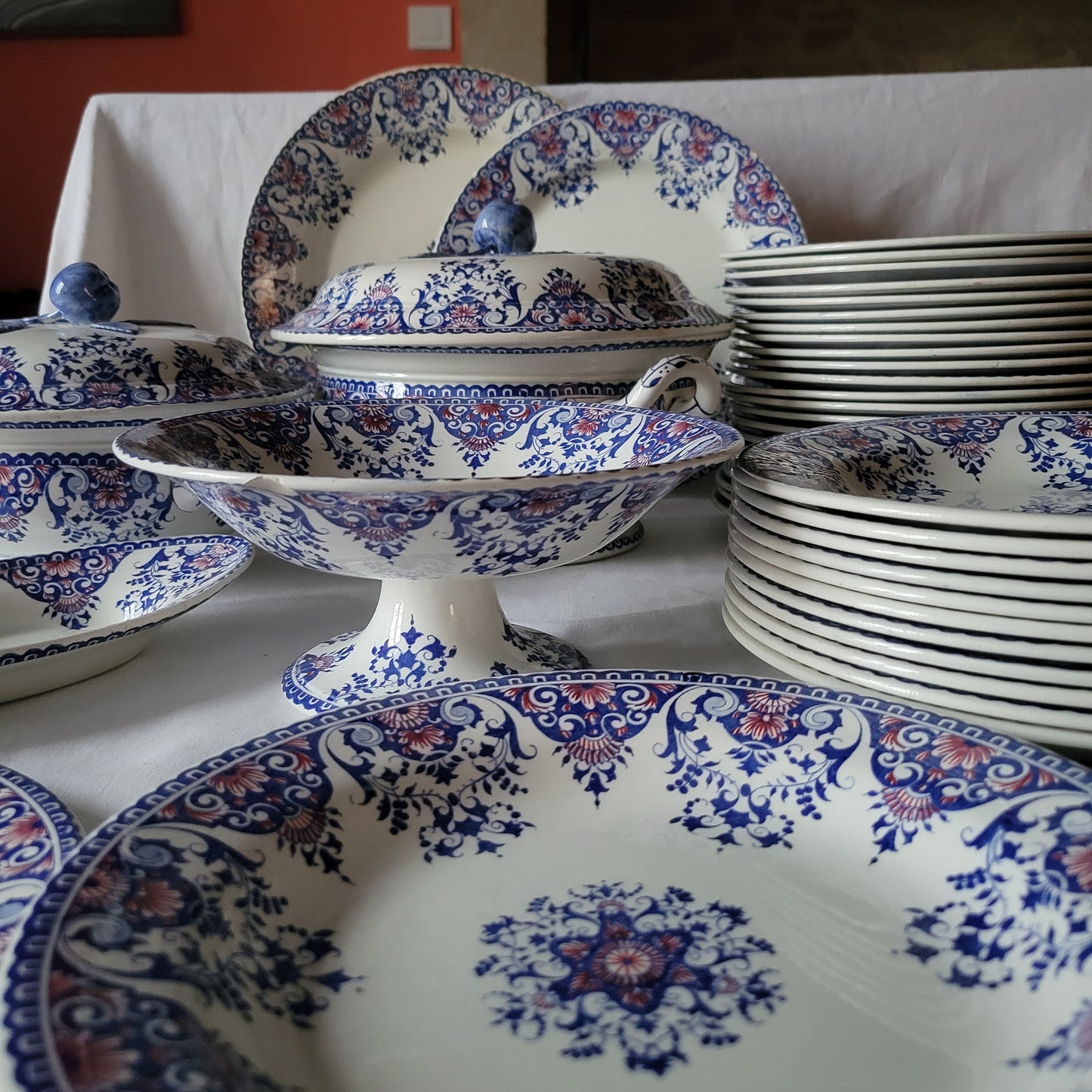 Gien dinner service, vintage 62pc set, 22/12 place setting blue transferware w red hand painted on white ironstone, Gien, France