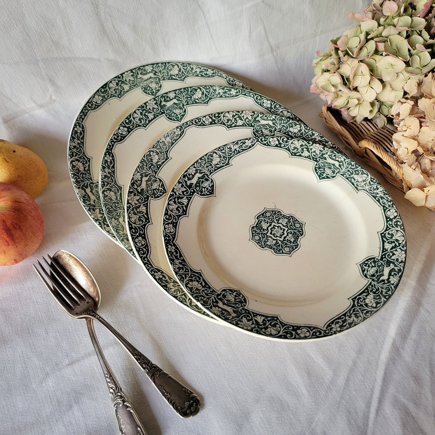 SET 4 antique plates,shabby, teal green transferware ivory ground, stylised floral motif w hares c1880 by Jules Vieillard, Bordeaux France