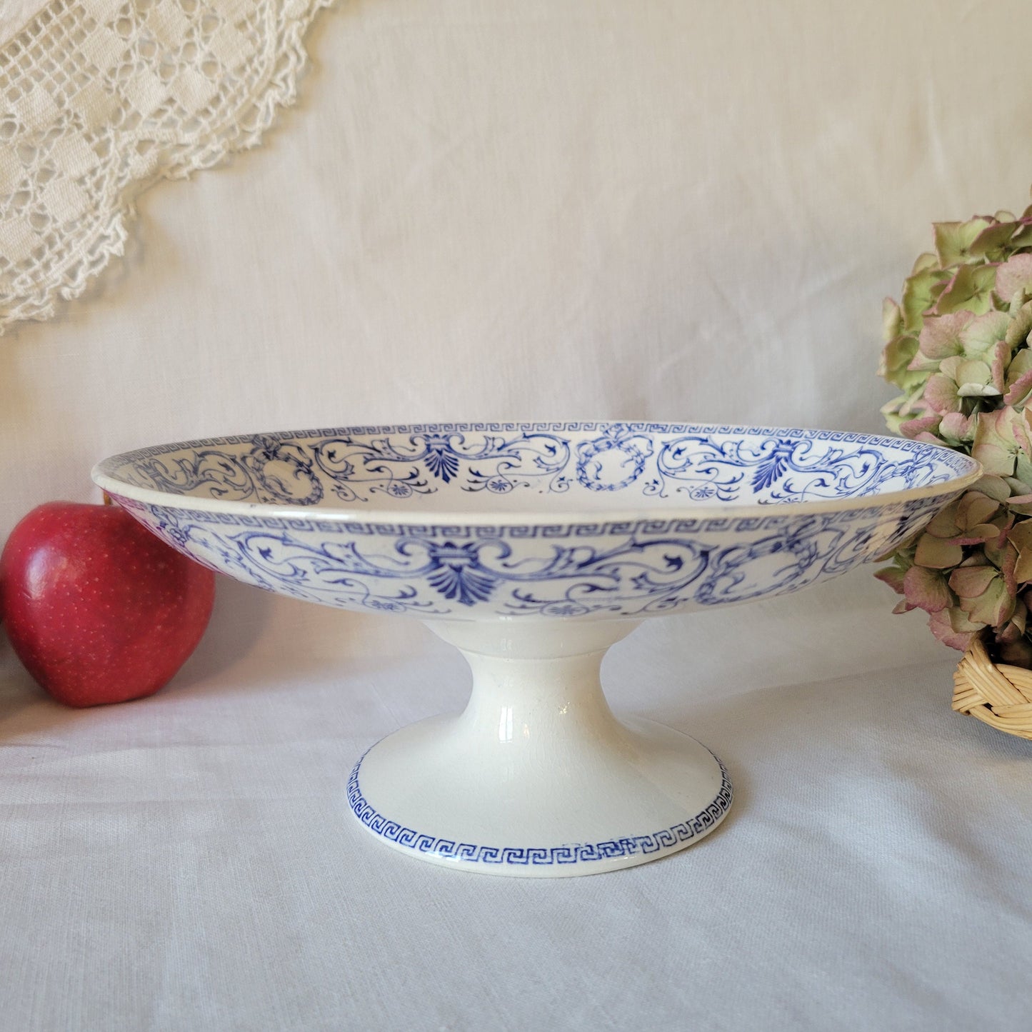 French antique 19thC cake / dessert stand, floral blue & white transferware, Marie Louise by Creil et Montereau, Empire wreaths, ribbons