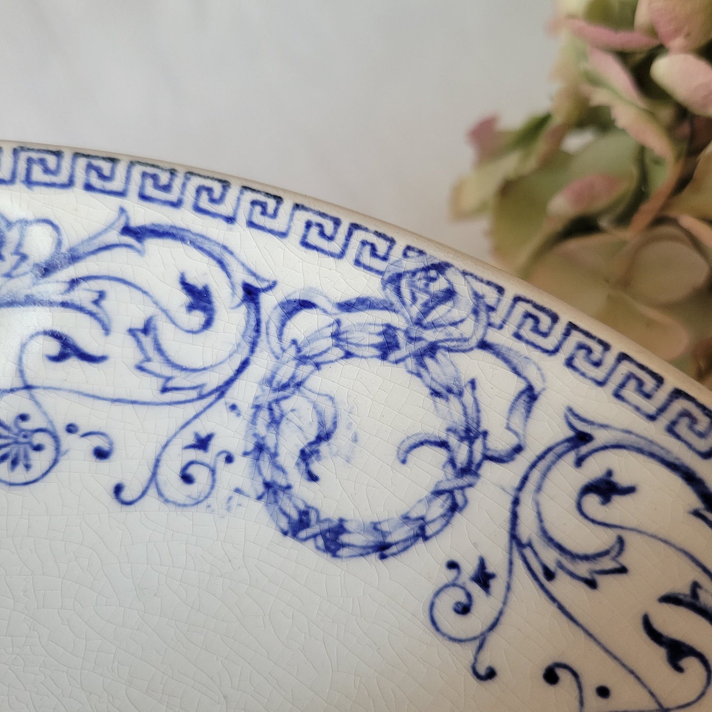 French antique 19thC cake / dessert stand, floral blue & white transferware, Marie Louise by Creil et Montereau, Empire wreaths, ribbons