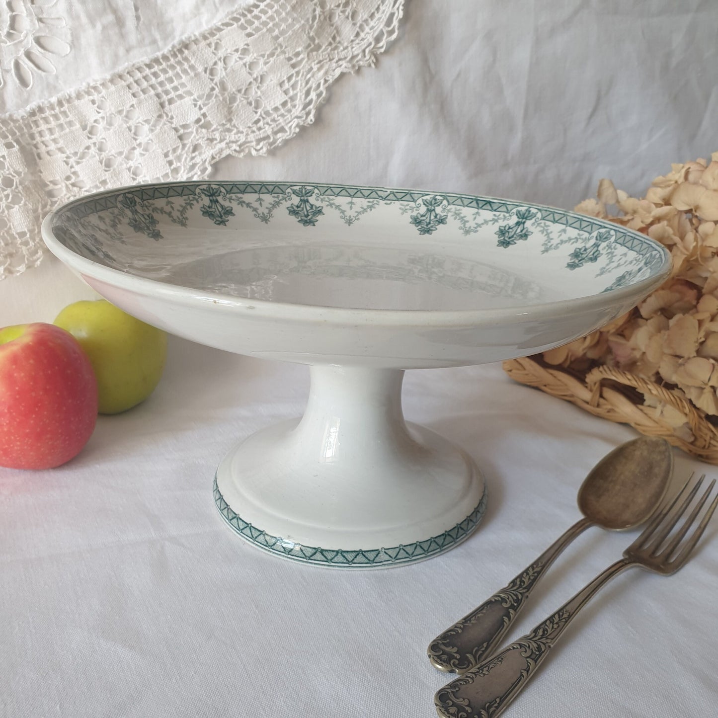 Antique French ironstone large compotier / cake stand, green transferware, 'Cahors' Neoclassical wreaths & garlands by st Amand, France 1890