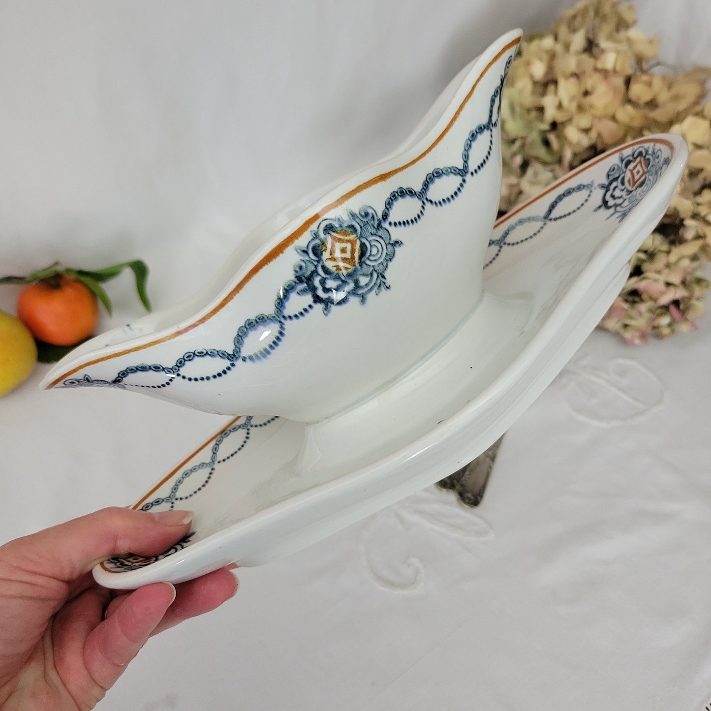 Pair of French antique ironstone double ended sauce boats / sauciere w footplate, blue transferware, St Amand earthenware France c1900-1920